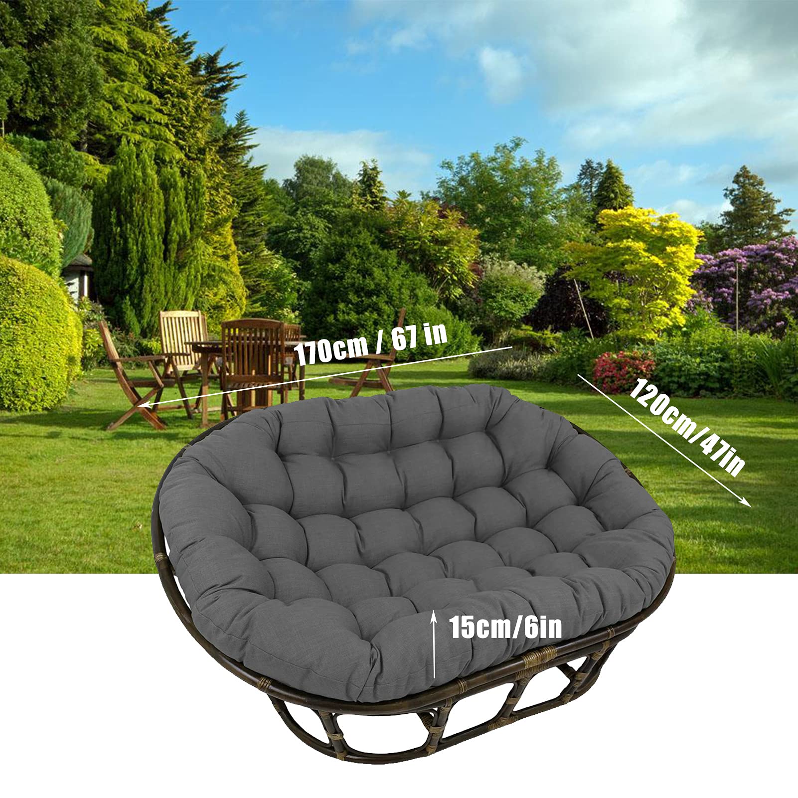 **Double Papasan Cushion Outdoor - Waterproof Hanging Basket & Garden Chair Cushion for Patio, Dark Gray, 67