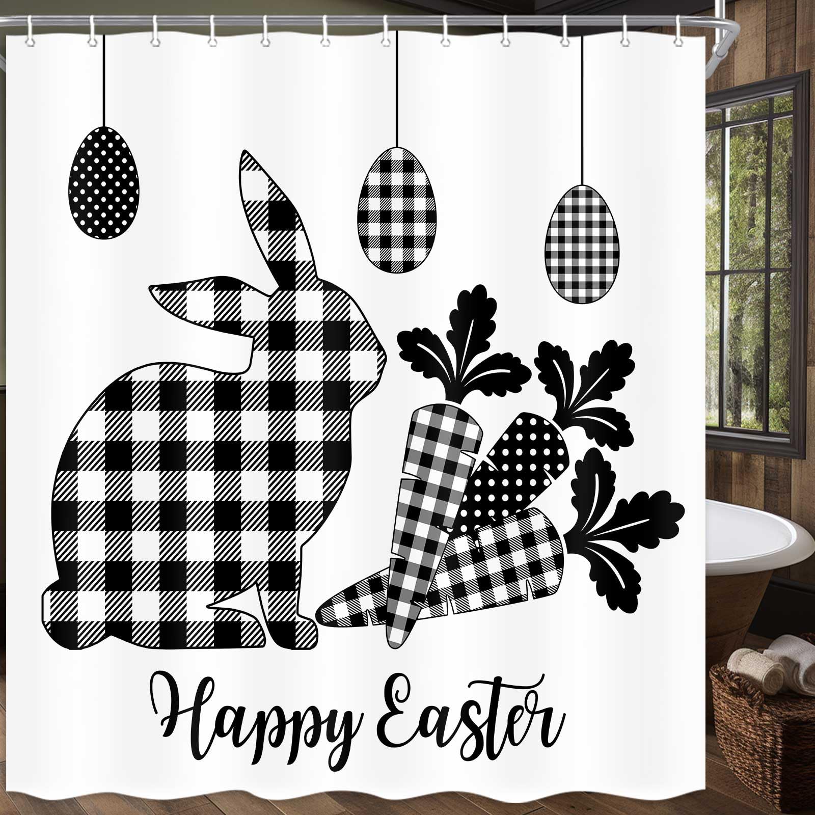 JAWO Happy Easter Shower Curtain - Cute Bunny with Easter Eggs Buffalo Plaid Bathroom Decor, Black & White Fabric Shower Curtain with Hooks Set (69x70 Inch) - Perfect for Spring Bathroom Refresh & Easter Holiday Decorations