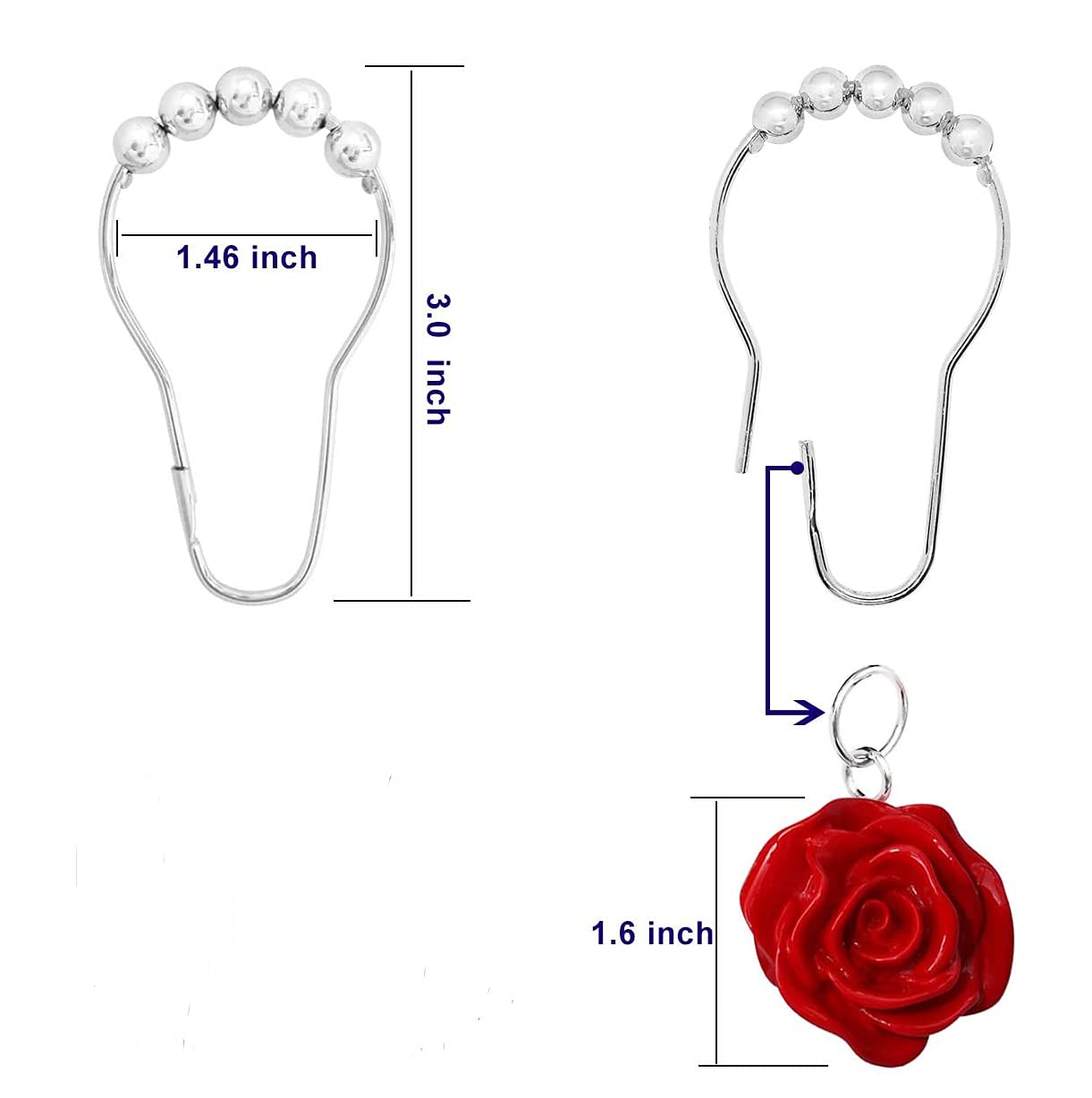 12 Pcs Rose Flower Shower Curtain Hooks - Decorative Resin Pendants with Rustproof Stainless Steel Rings for Bathroom, Bedroom & Dorm - Elegant Floral Shower Curtain Hooks for Home Decor & Gift Ideas