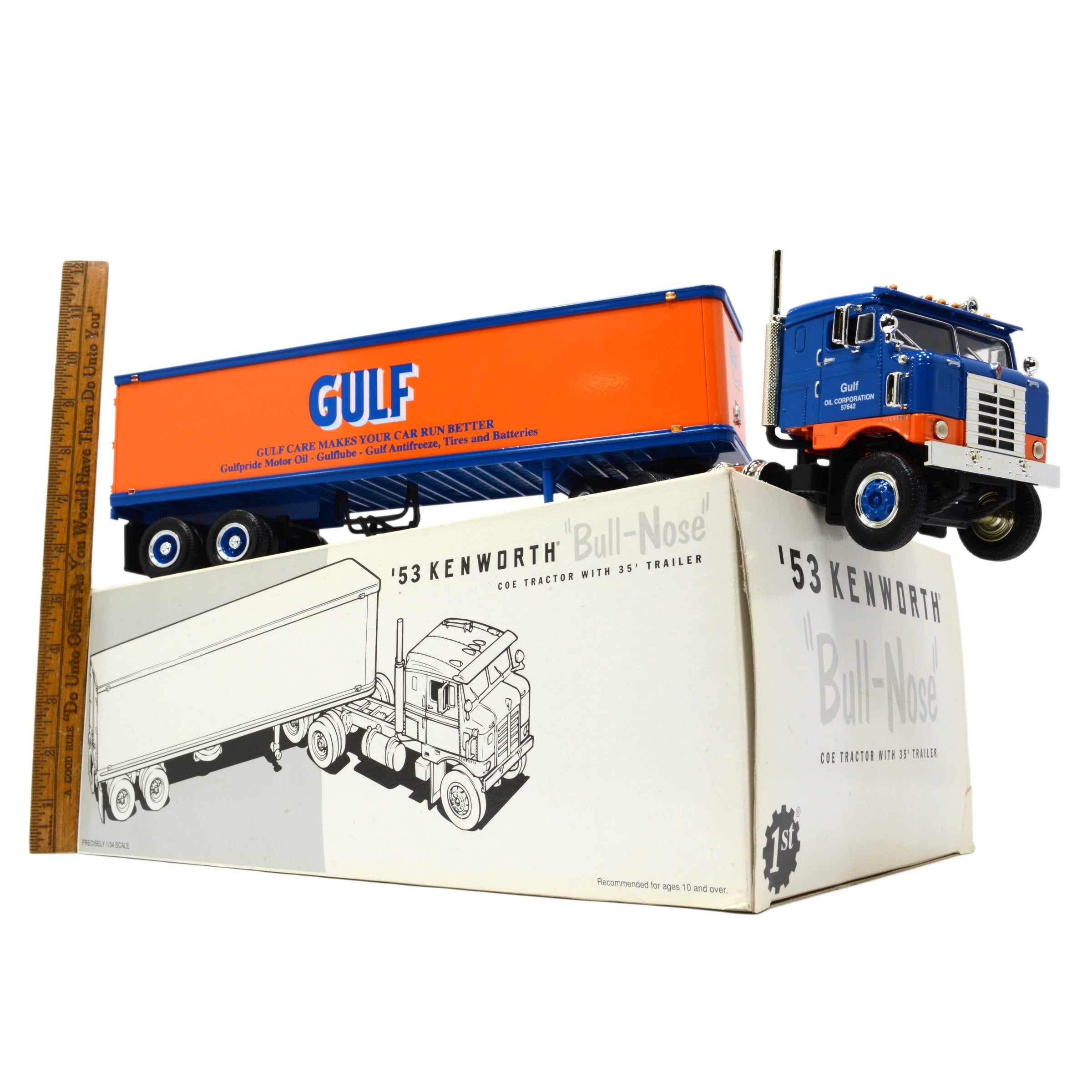 Premium 1:34 Scale FIRST GEAR 1953 Kenworth 'Bull Nose' COE Tractor Diecast Model - Gulf Oil Livery - Collectible Truck for Display, Gifts & Vintage Vehicle Enthusiasts