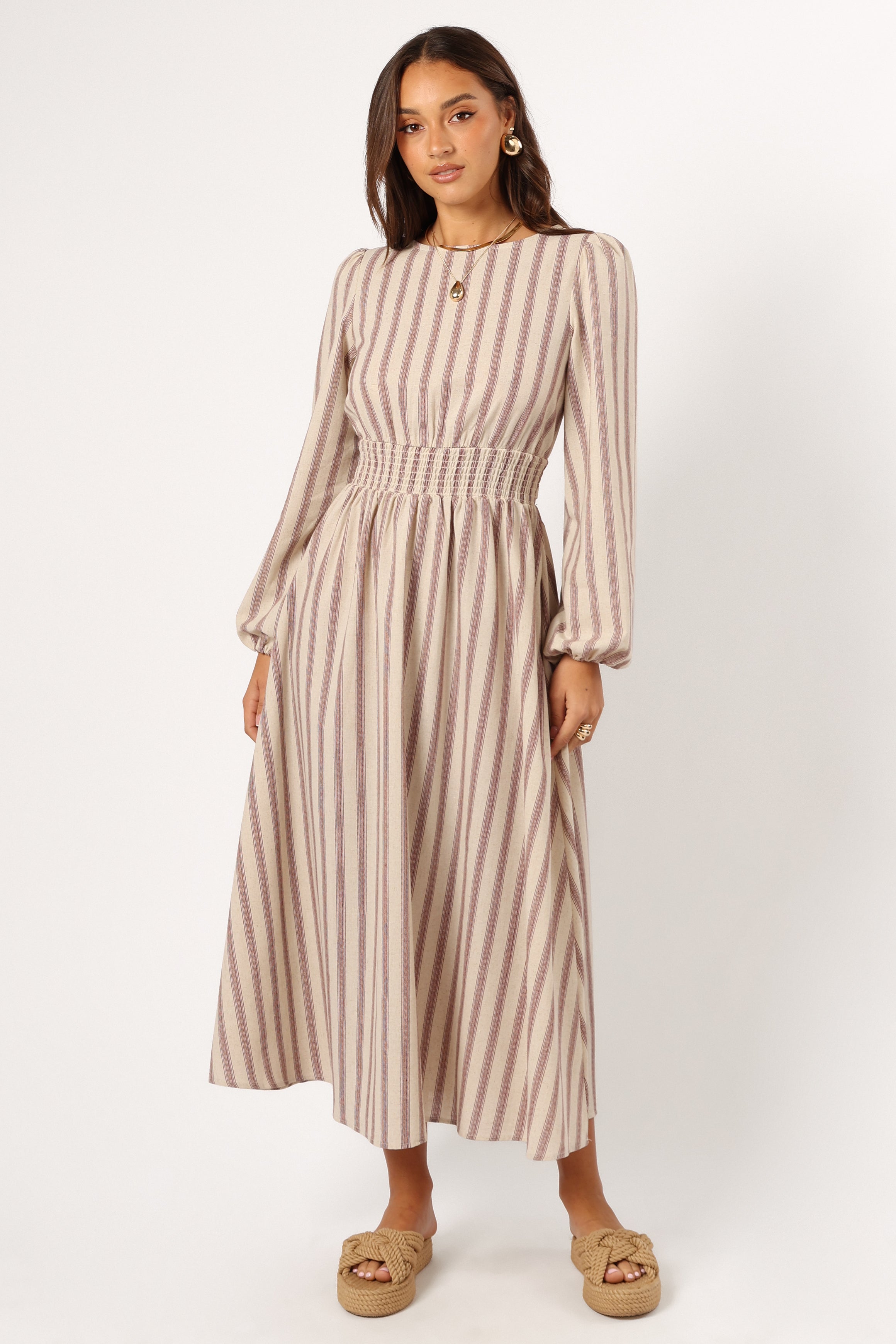 Jimi Long Sleeve Maxi Dress - Brown Striped Flowy Women's Dress for Casual Wear, Fall Outfits & Special Occasions