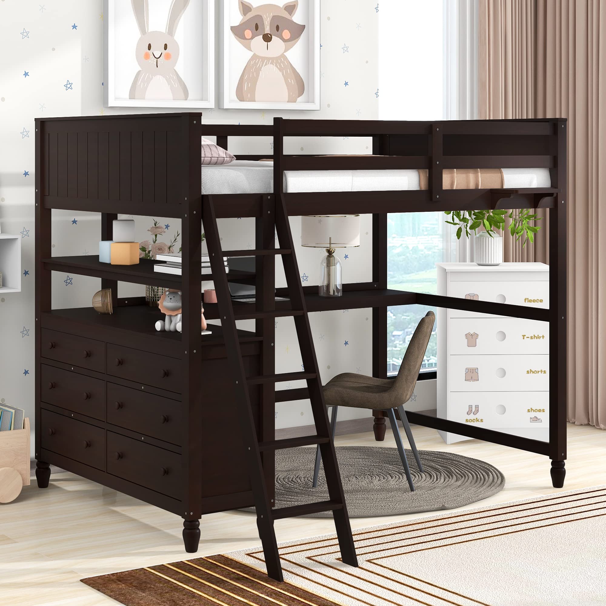 Full Loft Bed with Desk & Storage - Wooden Twin Loft Bed with 6 Drawers & Shelves for Kids, Teens, College Dorm - Space-Saving Study & Sleep Solution (Espresso) - Perfect for Small Bedrooms & Studio Apartments