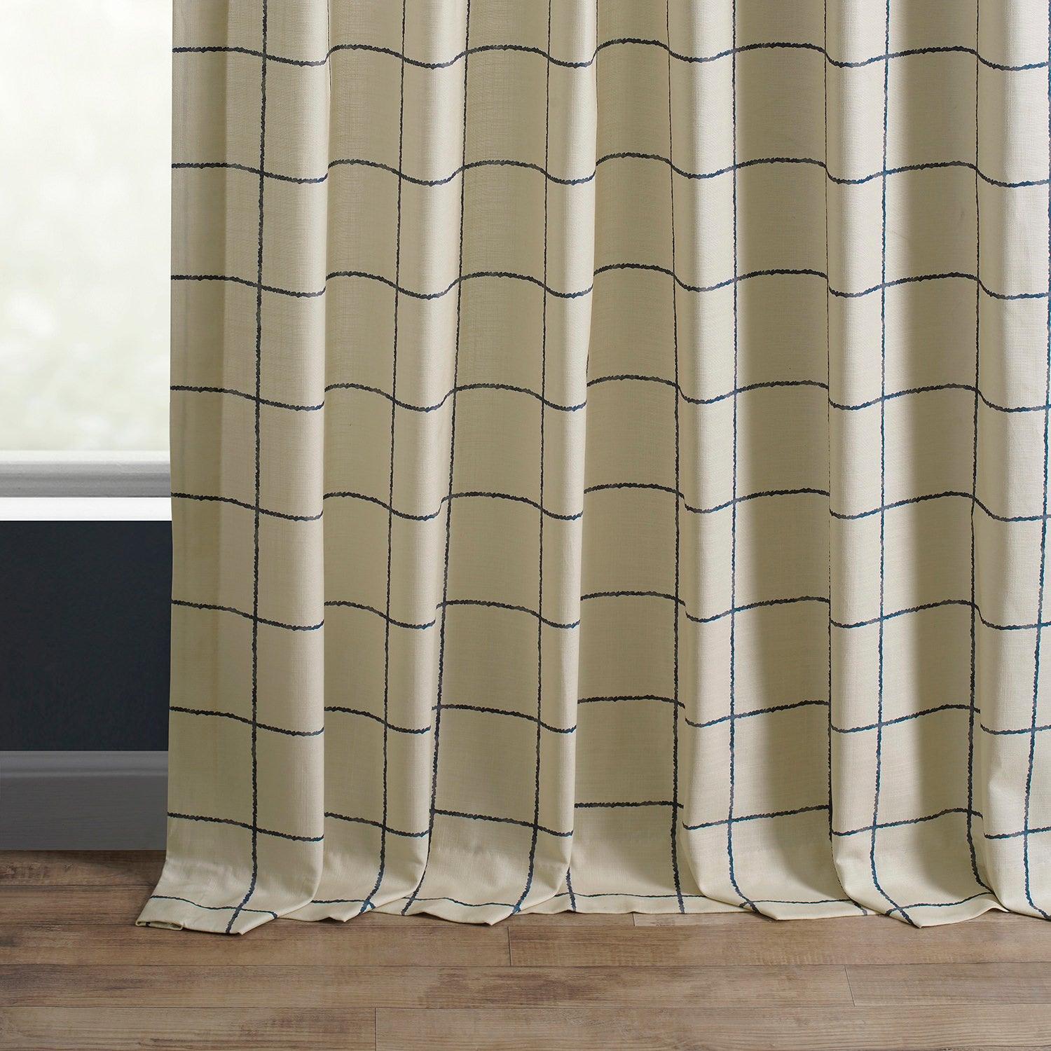 Blue Plaid Textured Printed Cotton Curtains for Windows - Farmhouse Style Window Treatments for Living Room & Bedroom