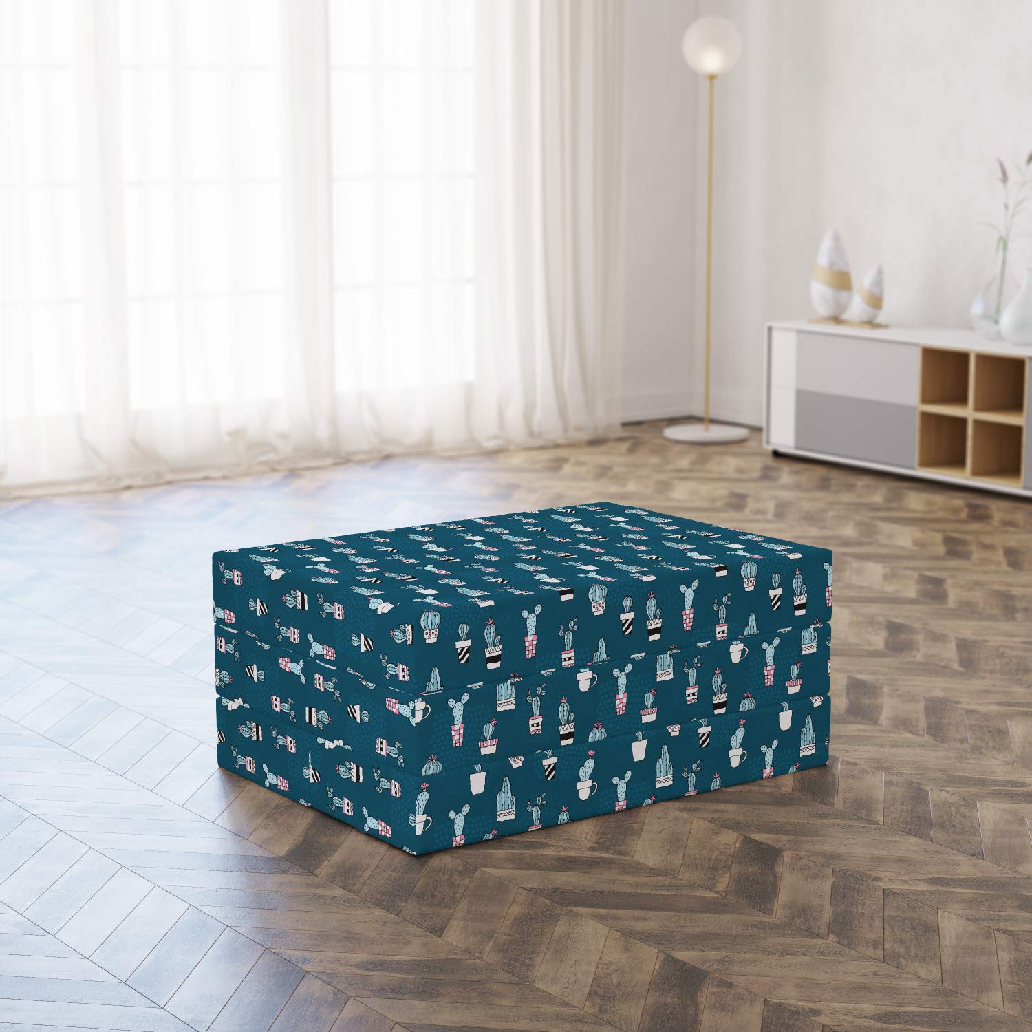 Ambesonne Cactus Foldable Mattress - Funny Succulents in Pots Design, 74.8 x 35.4 Inches, Petrol Blue Multicolor - Perfect for Guest Beds, Dorm Rooms & Camping Trips