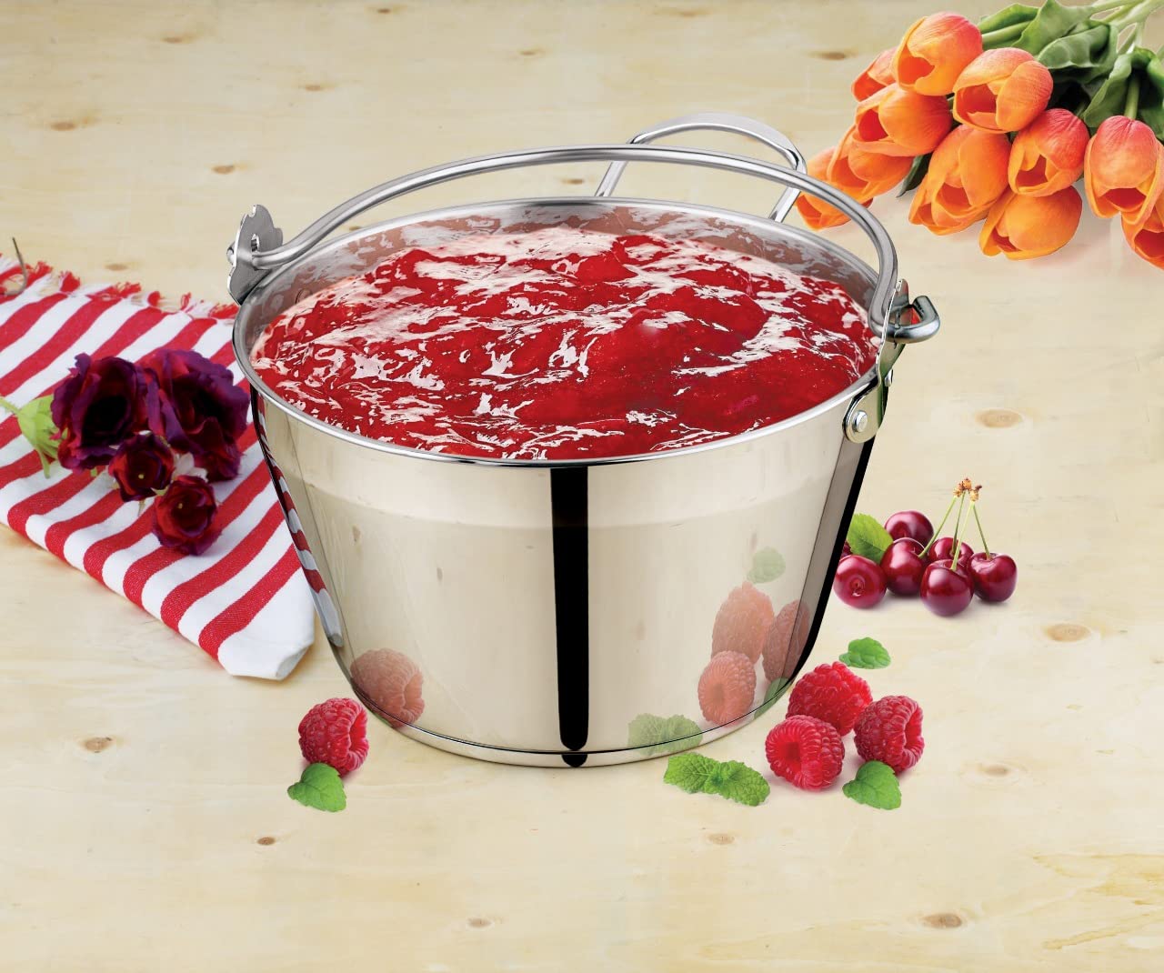 Penguin Home 5L Stainless Steel Maslin Pan with 14cm Wide Neck Jam Funnel - Canning Pot with Side Handle for Preserving, Jam Making, and Fruit Processing - Perfect for Home Canning, DIY Jams, and Preserves