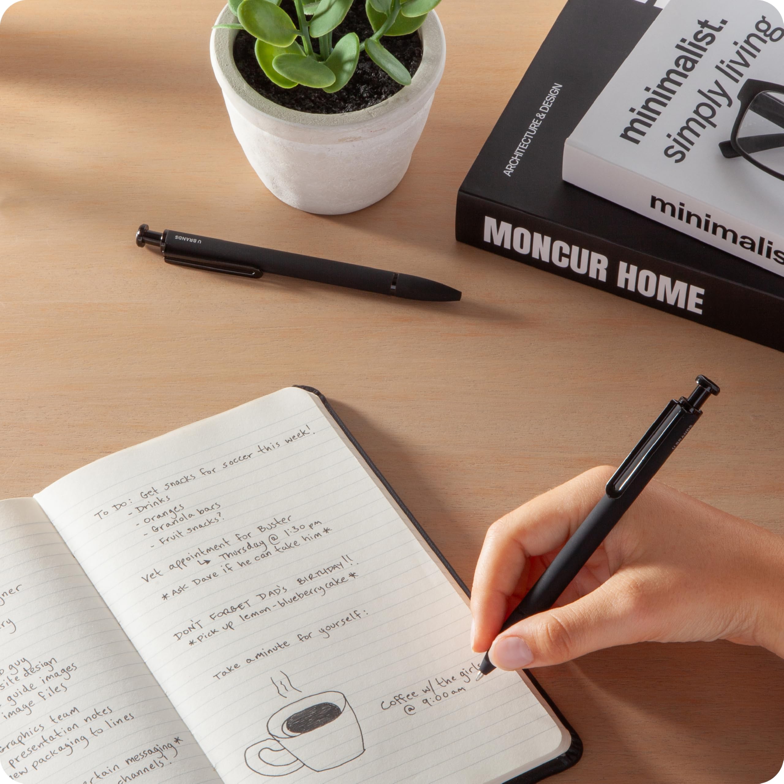 U Brands Midnight Monterey Ballpoint Pens - 4 Pack Black Soft Touch with Painted Details, 1.0mm Bold Point Black Ink - Perfect for Office, School & Note Taking