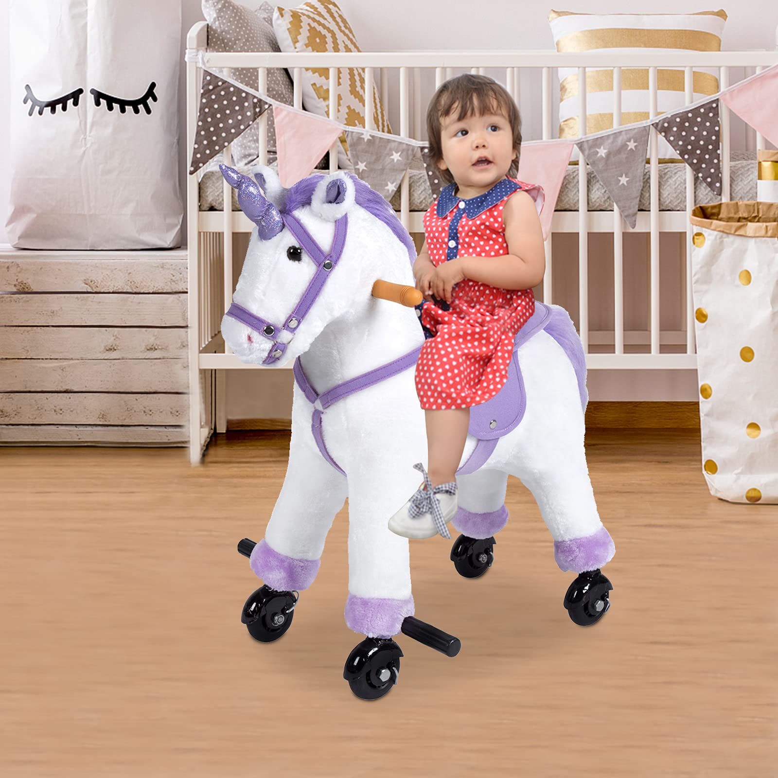 Kinbor Plush Rocking Horse Ride-On Toy for Kids - Walking Unicorn with Wheels & Sound Effects, Perfect Birthday & Children's Day Gift - Indoor Playroom & Nursery Decor