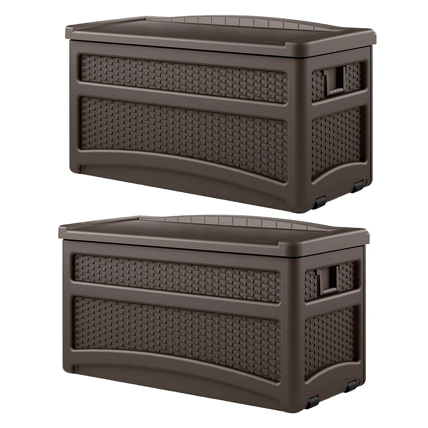 Suncast 73 Gallon Outdoor Patio Storage Chest with Handles & Seat - Java Brown (2 Pack) - Weatherproof Deck Box for Cushions, Pool Toys & Garden Tools Storage