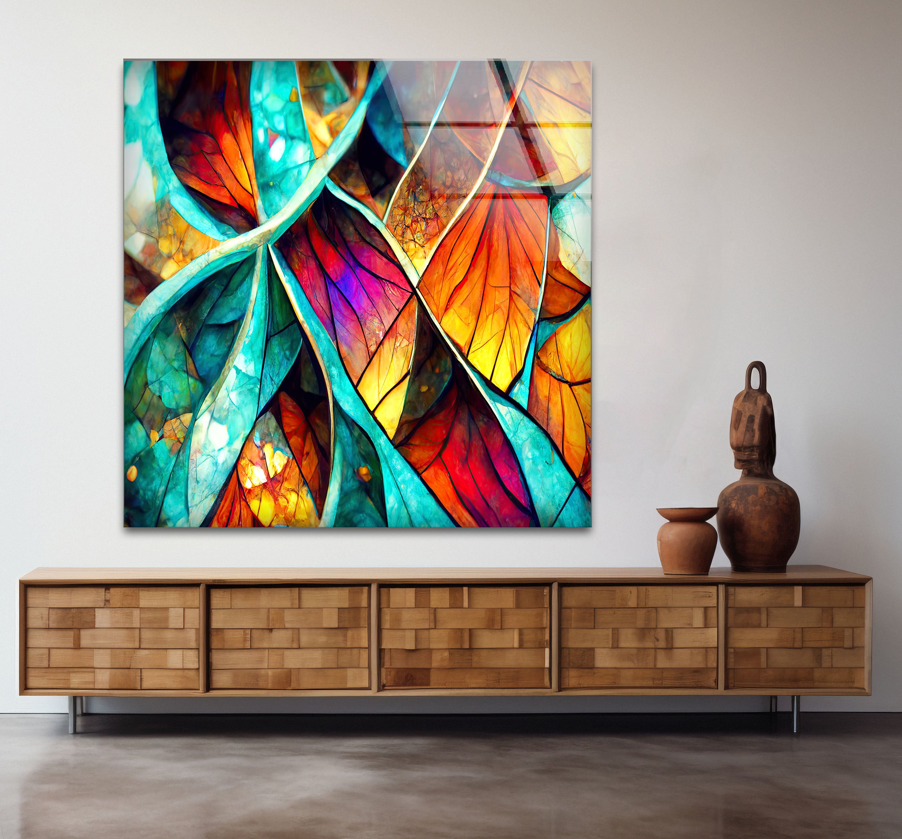Abstract Stained Glass Leaf Wall Art - Vibrant Nature-Inspired Panel for Modern Home Decor | Perfect for Living Room, Bedroom & Office Decoration