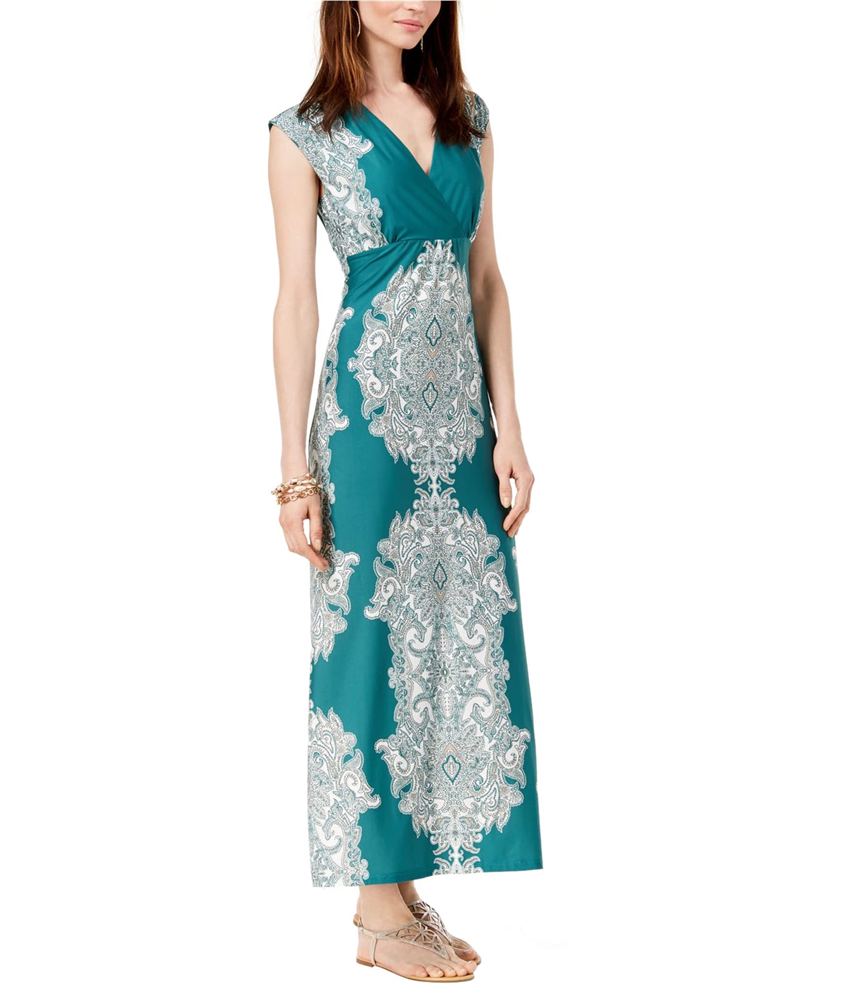 I-N-C Women's Green Scroll Print Maxi Dress - Flowy Summer Beach Dress for Vacations, Parties & Casual Wear (Medium)