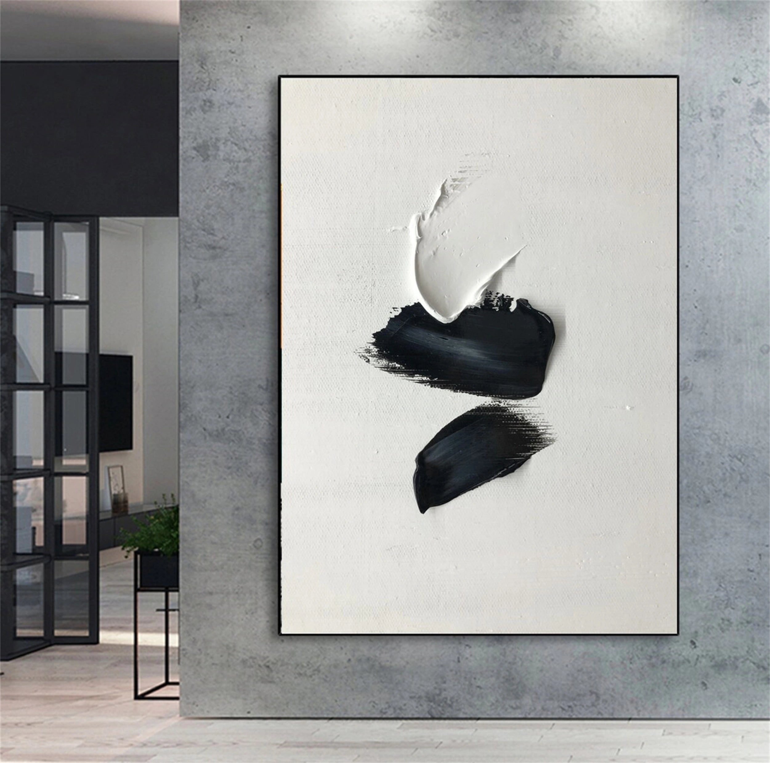 Custom Size White & Black Minimalist Textured Painting Canvas - Abstract Wall Art for Living Room, Bedroom & Office Decor #MM136