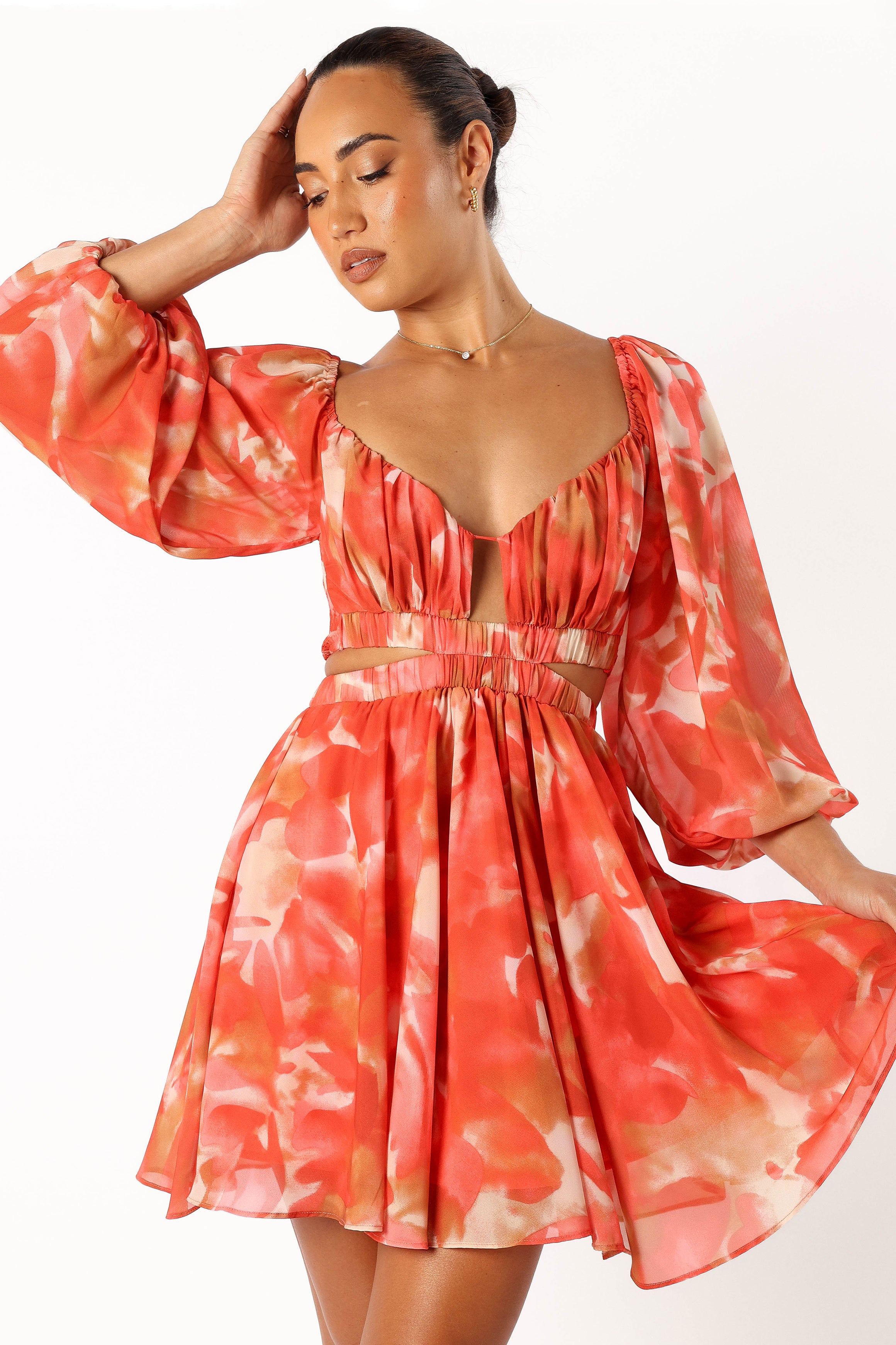Katniss Long Sleeve Mini Dress - Red Floral Print Women's Party Dress | Elegant Cocktail & Evening Wear for Date Night & Special Occasions