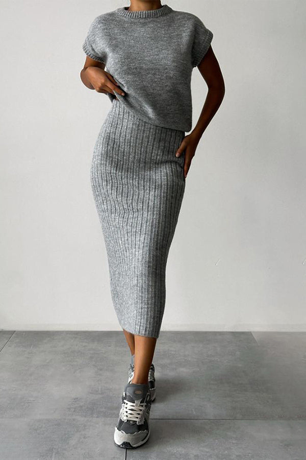Triko Knit Short Sleeve Sweater & Stretch Ribbed Midi Skirt Set for Women | Casual Outfit for Spring & Fall | Perfect for Office, Date Night & Weekend Brunch