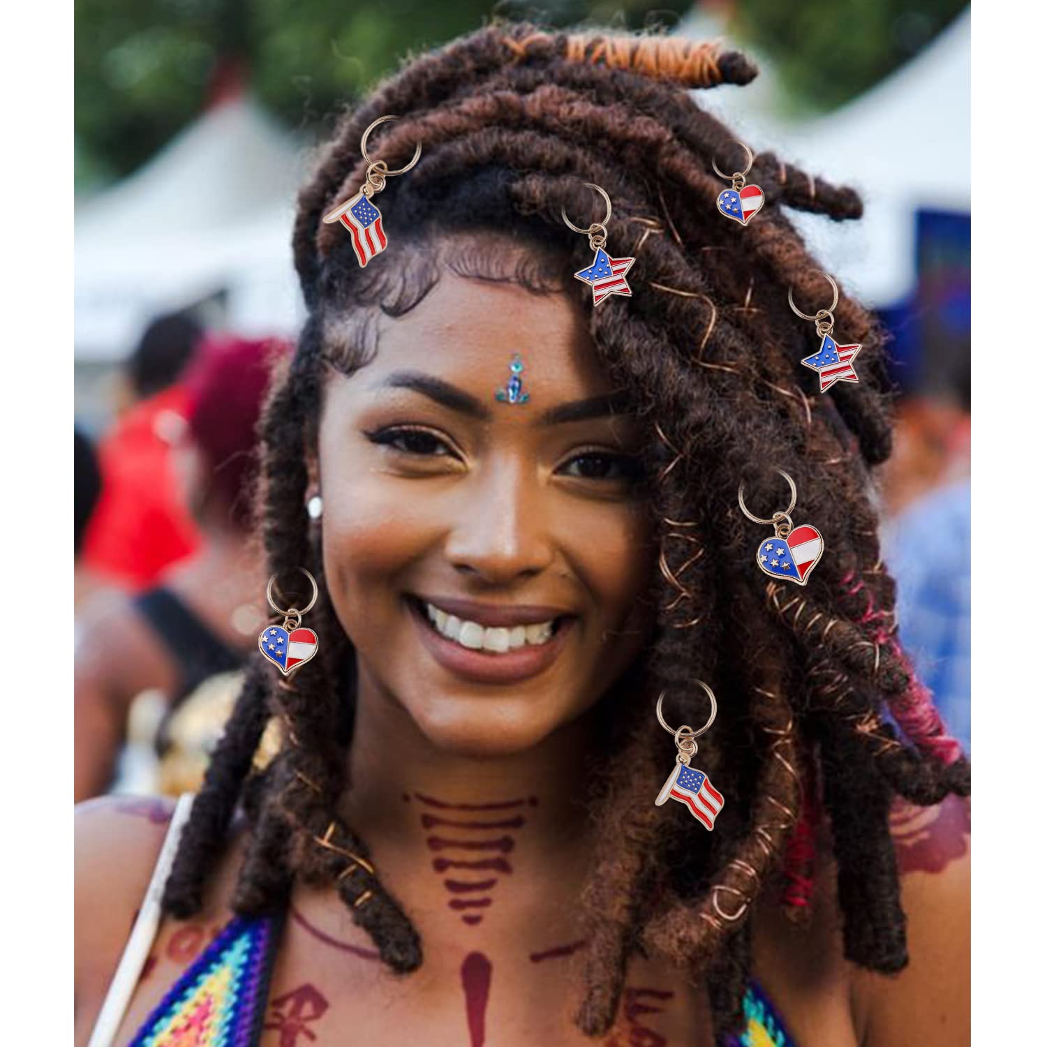 NAISKA Gold Star & Heart Braid Clips - 12PCS Hair Cuffs, Beaded Dreadlock Rings, American Flag Hair Jewelry for Women | Perfect for Boho Hairstyles, Festivals & Everyday Wear