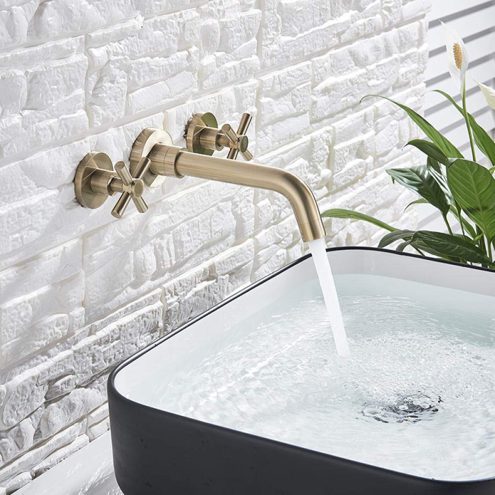 Brushed Gold Wall Mounted Bathroom Sink Faucet - Double Handle Hot and Cold Mixer Tap for Modern Bathroom Vanity | Perfect for Small Spaces and Powder Rooms