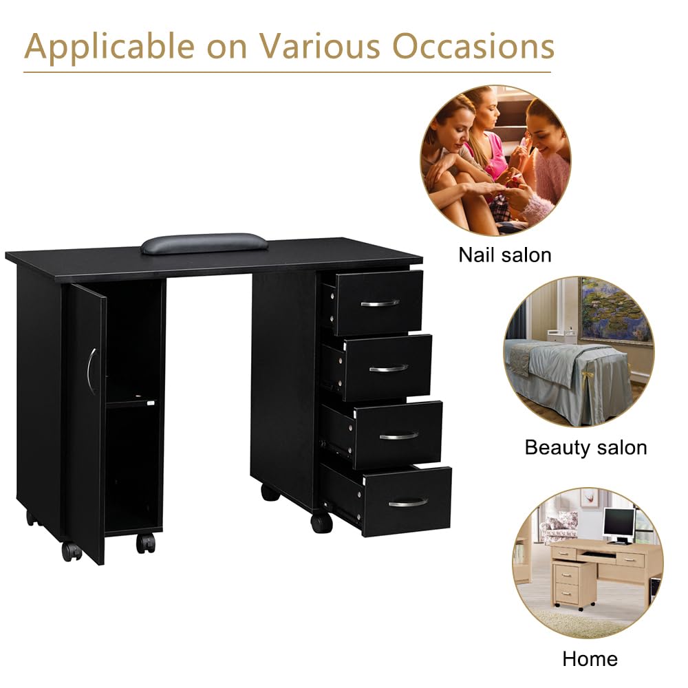Goujxcy Professional Rolling Nail Table - Manicure Station with 4 Drawers, Large Storage Cabinet & Wrist Rest - Portable Beauty Salon Nail Art Desk Equipment (Black) - Perfect for Nail Technicians, Home Salons & Mobile Nail Services