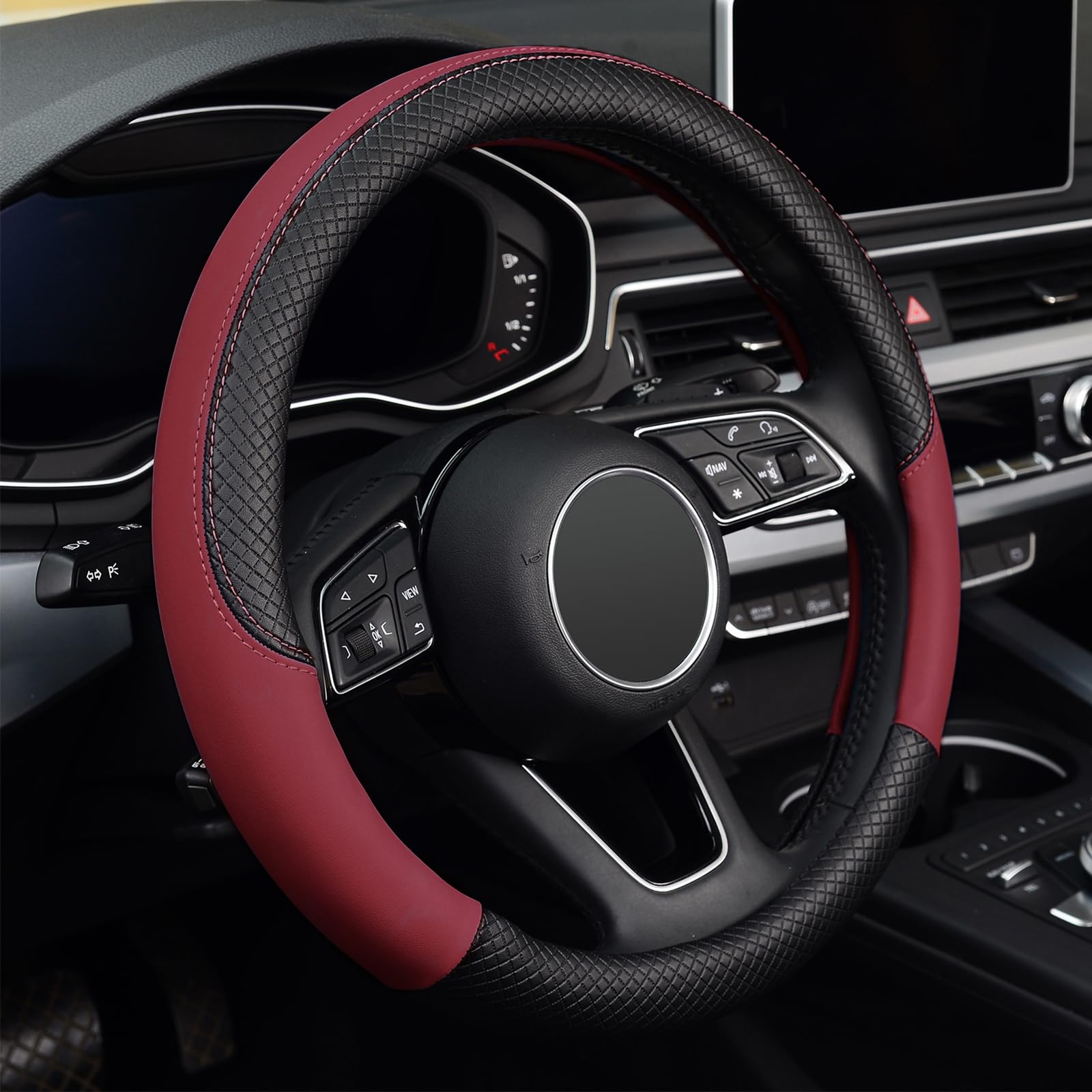 LABBYWAY Universal 15 Inch Microfiber Leather Steering Wheel Cover - Non-Slip Grip, Heat Resistant, Fits Most Cars - Perfect for Daily Commute, Road Trips & Winter Driving Protection (Claret Red)