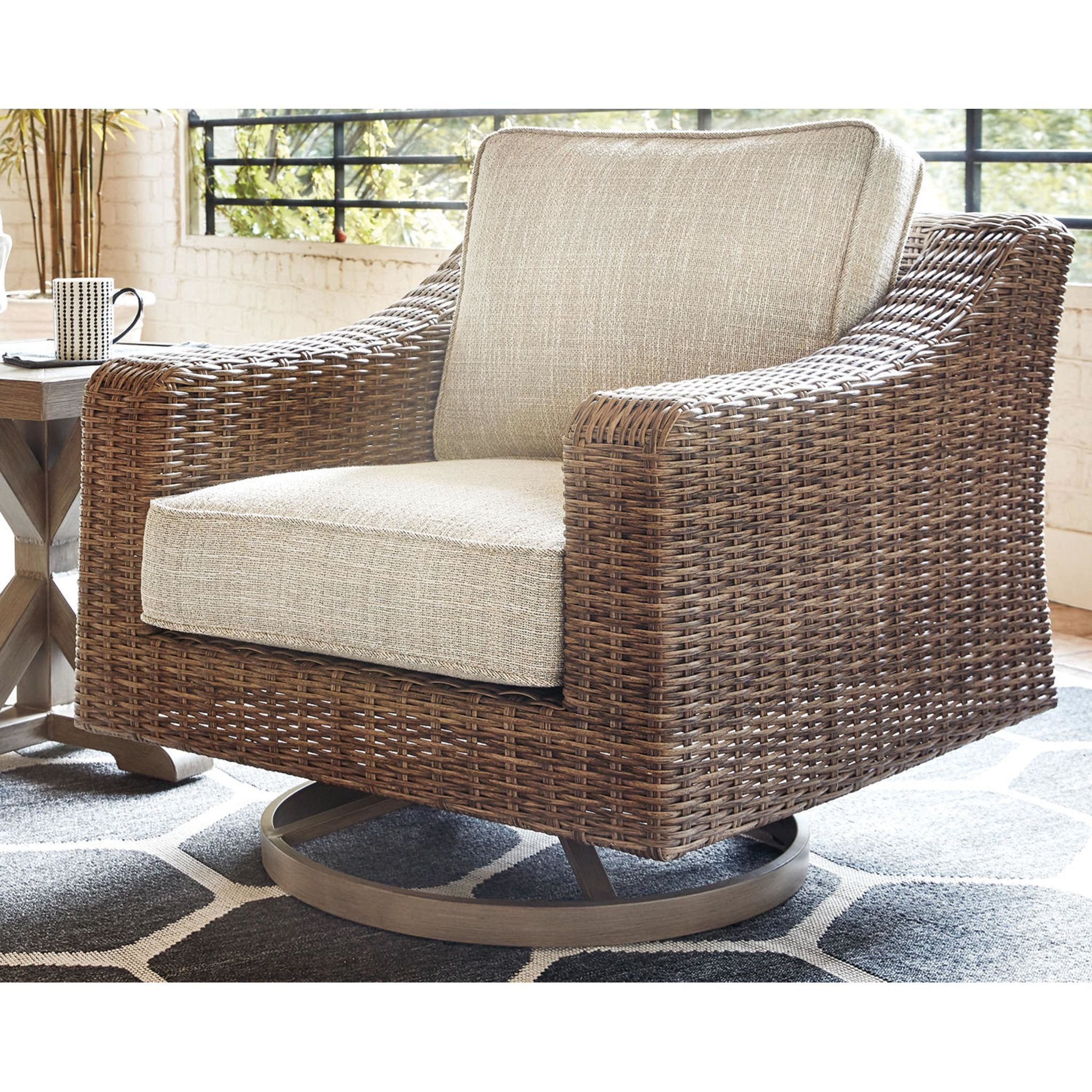 Beachcroft Outdoor Swivel Lounge Chair with Cushion - White/Beige - Perfect for Patio, Poolside, Garden & Backyard Relaxation