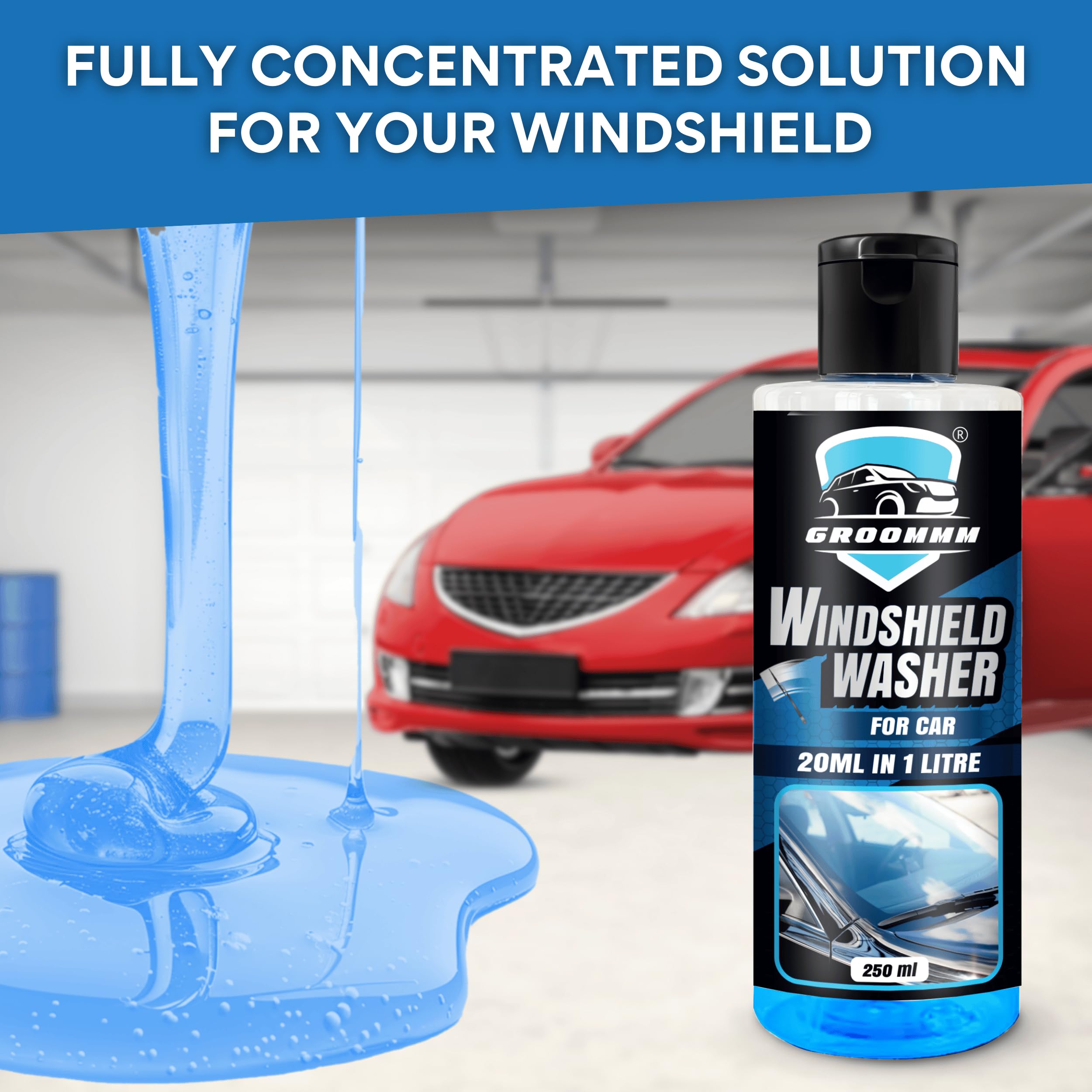 Groommm Concentrated Windshield Washer Fluid for Cars - 250ml (Dilutes to 1L) | Streak-Free Car Glass Cleaner for Crystal Clear Visibility | All-Weather Wiper Fluid for Safe Driving in Rain, Snow & Dust