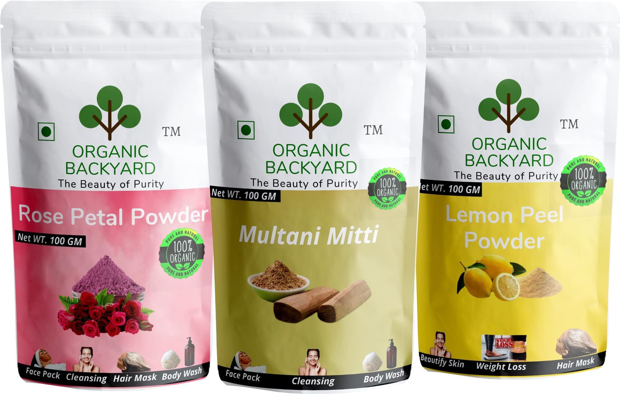 Organic 100% Natural Rose Petal & Multani Mitti Clay with Lemon Peel Powder Combo - 100g Each for Glowing Skin | Face Mask, Exfoliator & Skin Brightener for Daily Beauty Routine