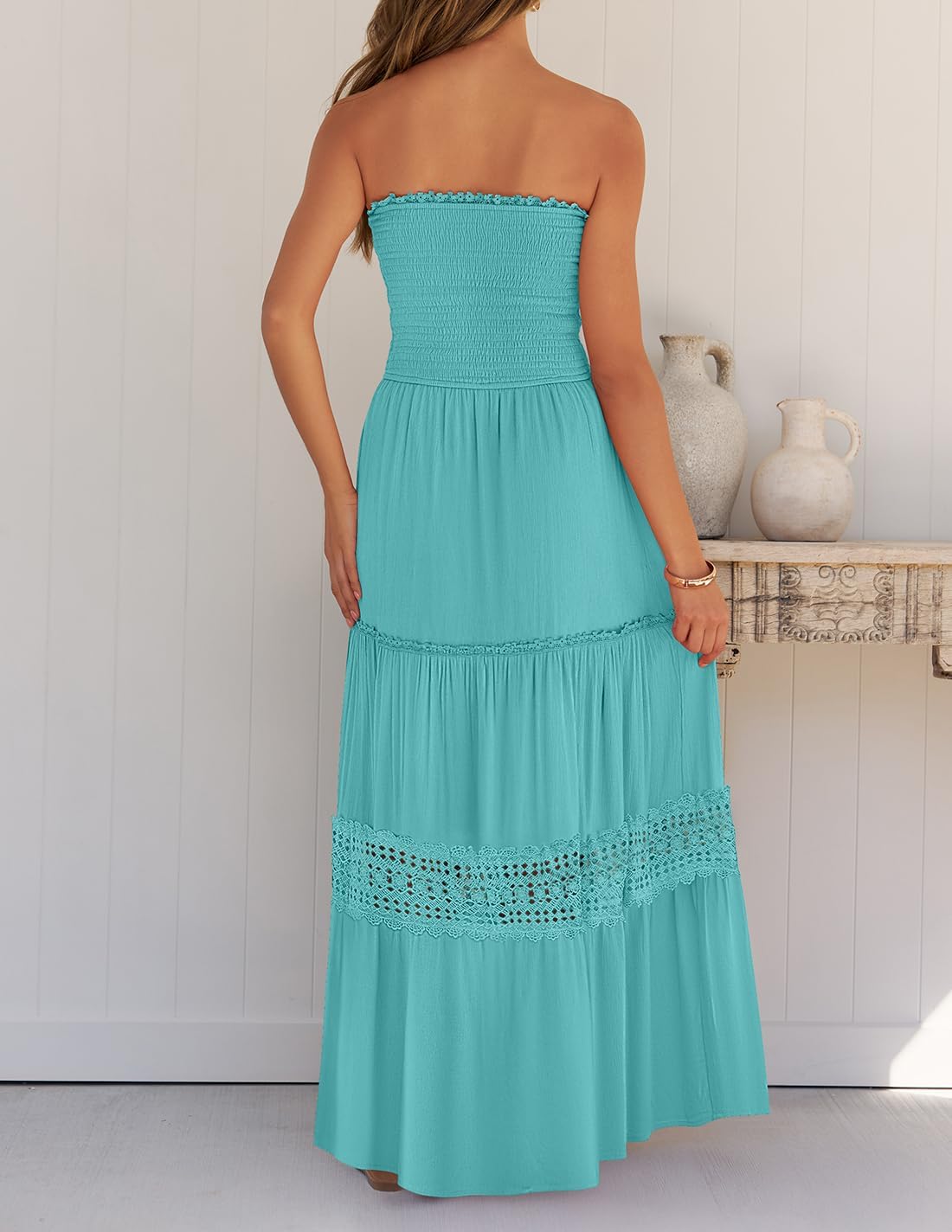 ZESICA Women's 2025 Summer Bohemian Strapless Off Shoulder Lace Trim Backless Flowy A-Line Long Maxi Dress for Beach Vacation, Wedding Guest, and Outdoor Party