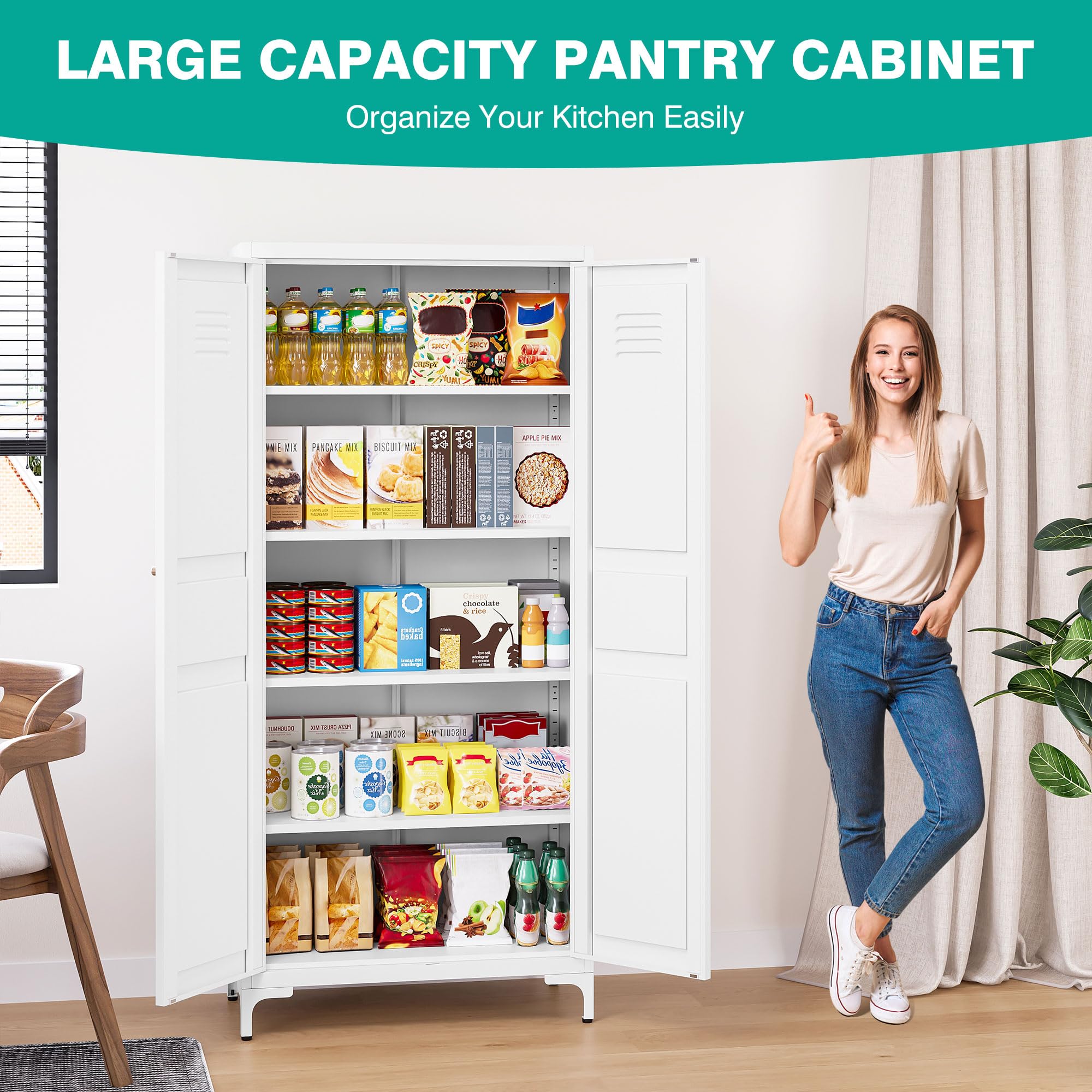 White 5-Tier Metal Storage Cabinet with Doors & Shelves - Tall Large Pantry Cupboard for Kitchen, Dining, Living Room & Laundry Room - Perfect for Food Storage, Home Organization & Space Saving