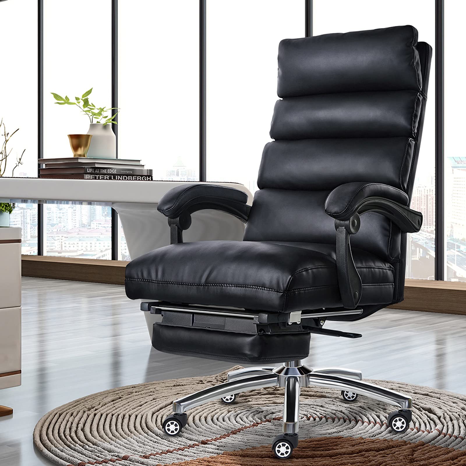 Ergonomic High Back Office Chair with Retractable Footrest - PU Leather Executive Desk Chair with Adjustable Height & Lumbar Support - Perfect for Home Office, Gaming & Workspace (Black)