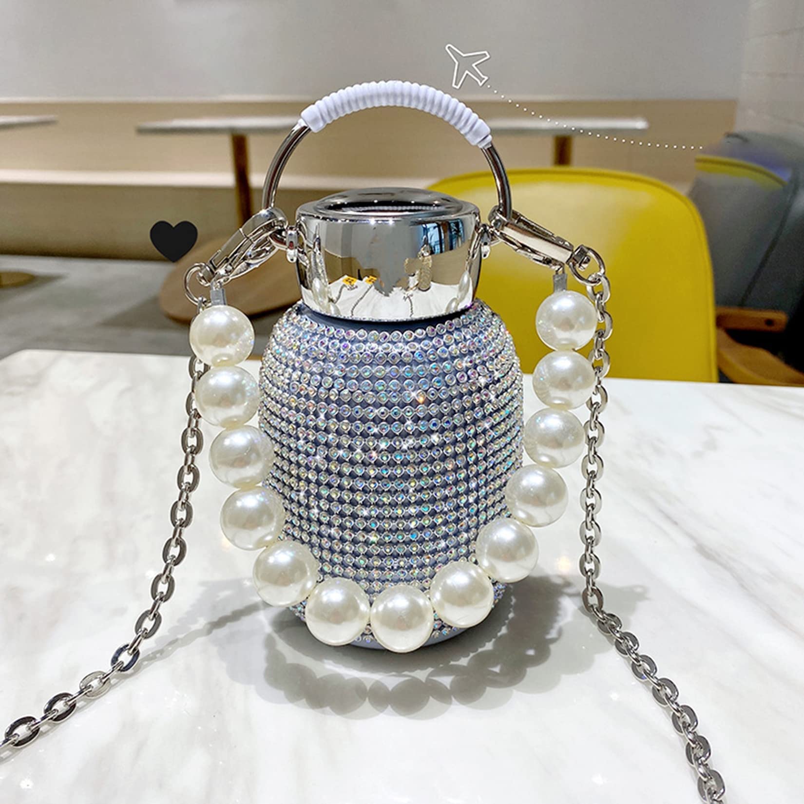 Mikylay Diamond Water Bottle with Pearl Bracelet - 200-300ML Stainless Steel Thermos Cup | Sparkling Glitter Design, Insulated Pot Belly Tumbler for Women | Perfect Gift for Birthday, Gym, Office & Travel Accessories