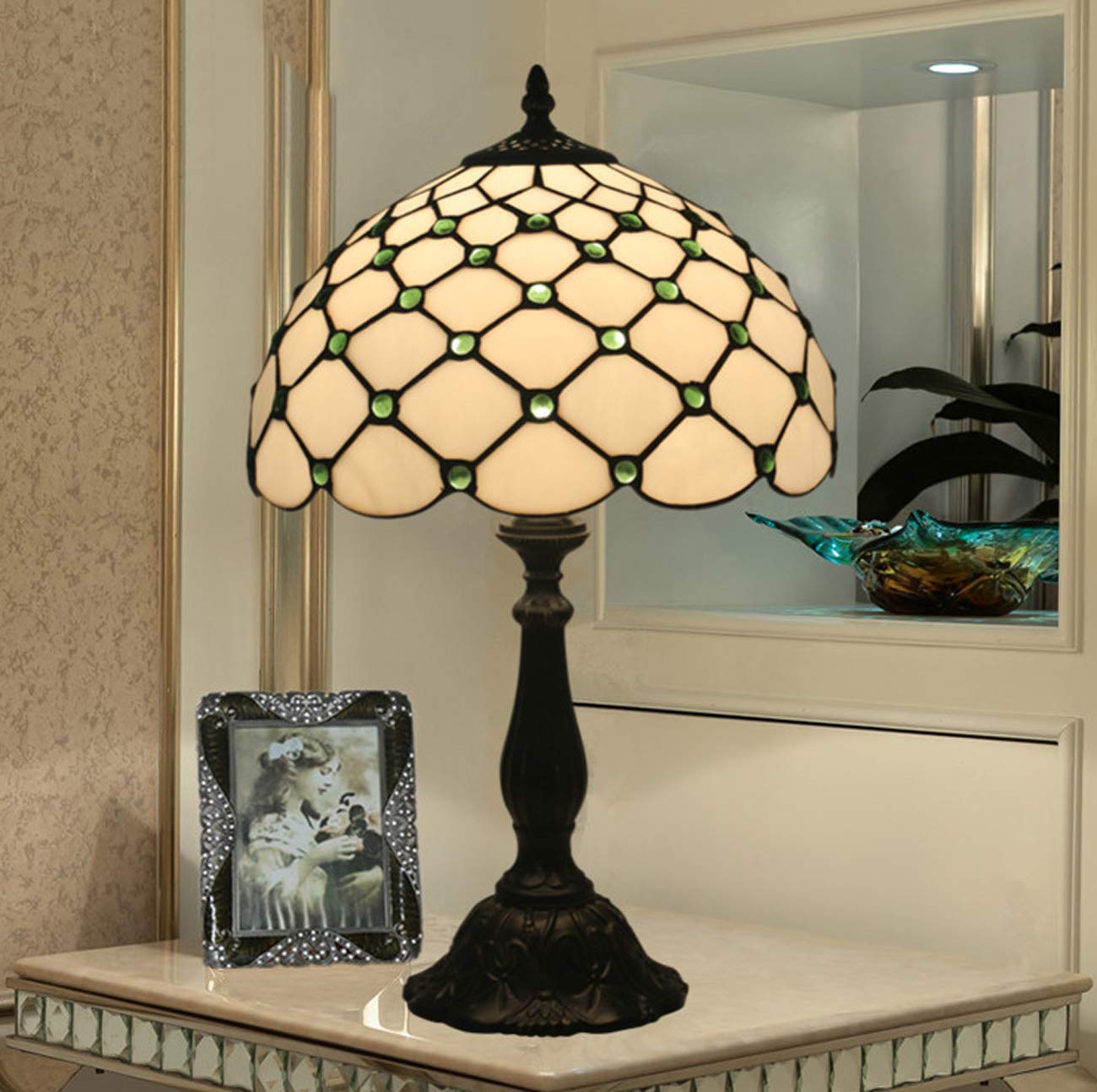 Tiffany Style Stained Glass Table Lamp - 12 Inch Bedside Desk Lamp with Simple Lampshade for Study Room & Night Lighting (Bulbs Not Included), Green Finish with Alloy Base - Perfect for Bedroom, Office, and Reading Nook Ambiance