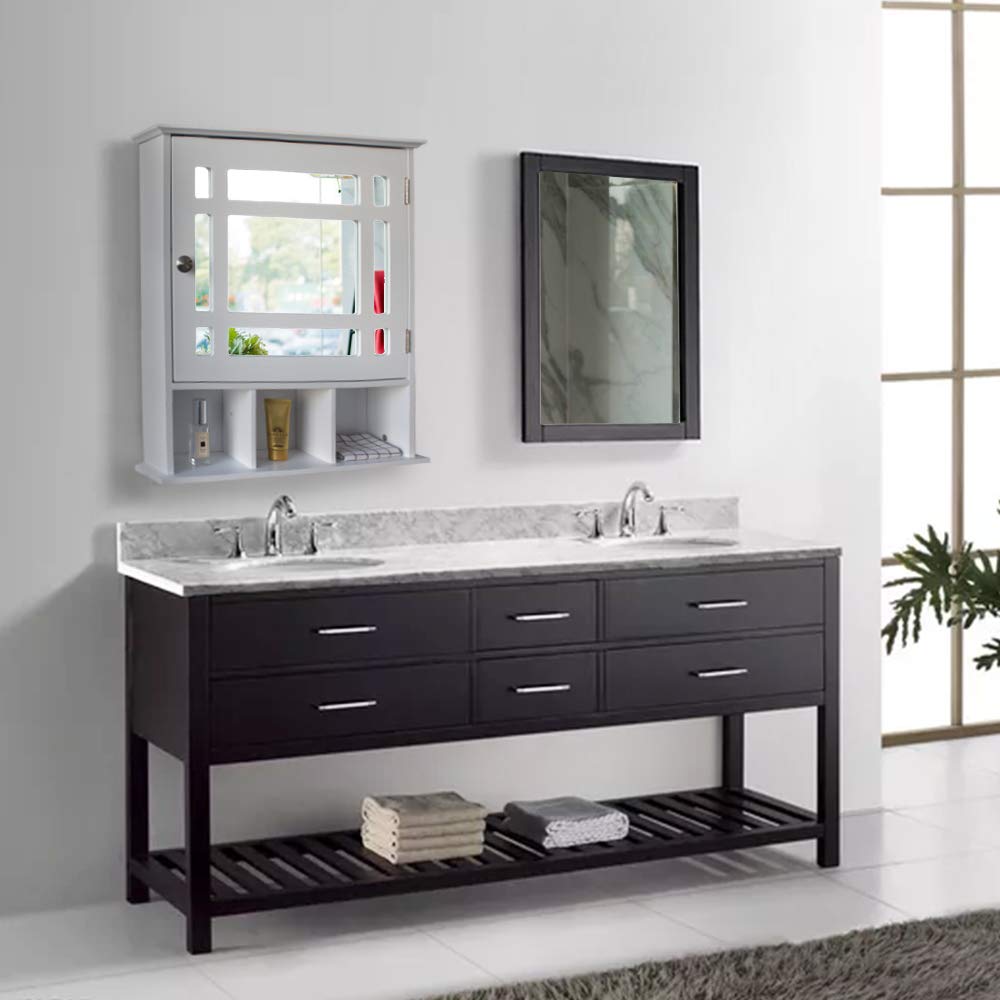 3-Tier Wooden Bathroom Medicine Cabinet with Glass Mirror Door - White Wall Mounted Storage Organizer for Bath Essentials, Makeup & Toiletries | Perfect for Small Bathrooms, Vanities & Powder Rooms