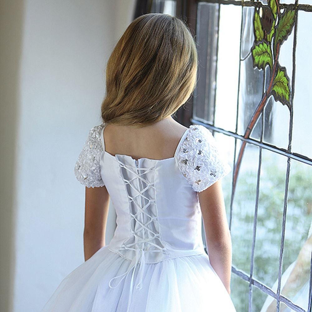 Girls First Holy Communion Dress - 18 White Sequin Ribbon Tulle Gown for Church Ceremony | Perfect for Baptism, Easter Sunday & Special Occasions