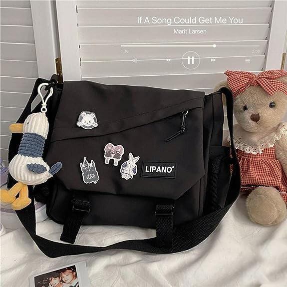 Stylish Unisex Nylon Crossbody Bag with Cute Pins & Ornament - Japanese Kawaii Messenger Shoulder Bag for Women & Men | Perfect for Travel, Work & Everyday Use