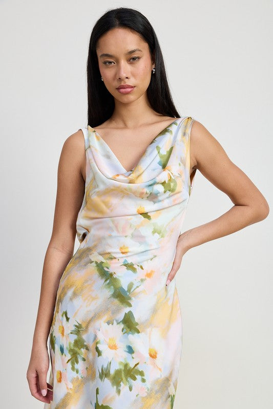 Floral Midi Cowl Neck Dress for Women - Elegant Summer Casual & Party Wear - Perfect for Weddings, Dates, and Office Outfits