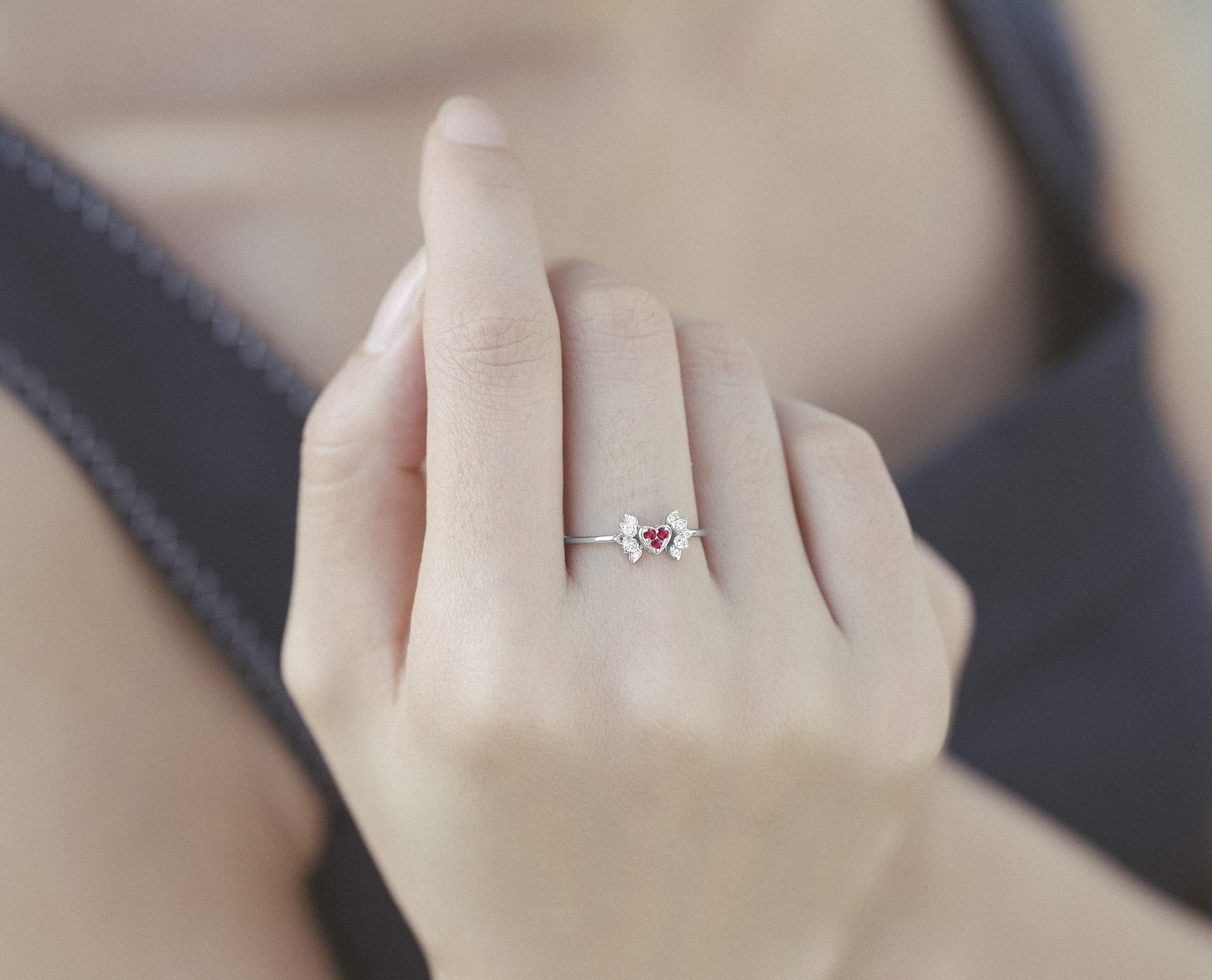 14K White Gold Heart Ruby & Diamond Engagement Ring - July Birthstone Wedding Band, Unique Angel Wing Design, Handmade Promise Ring for Proposals, Anniversaries & Special Occasions