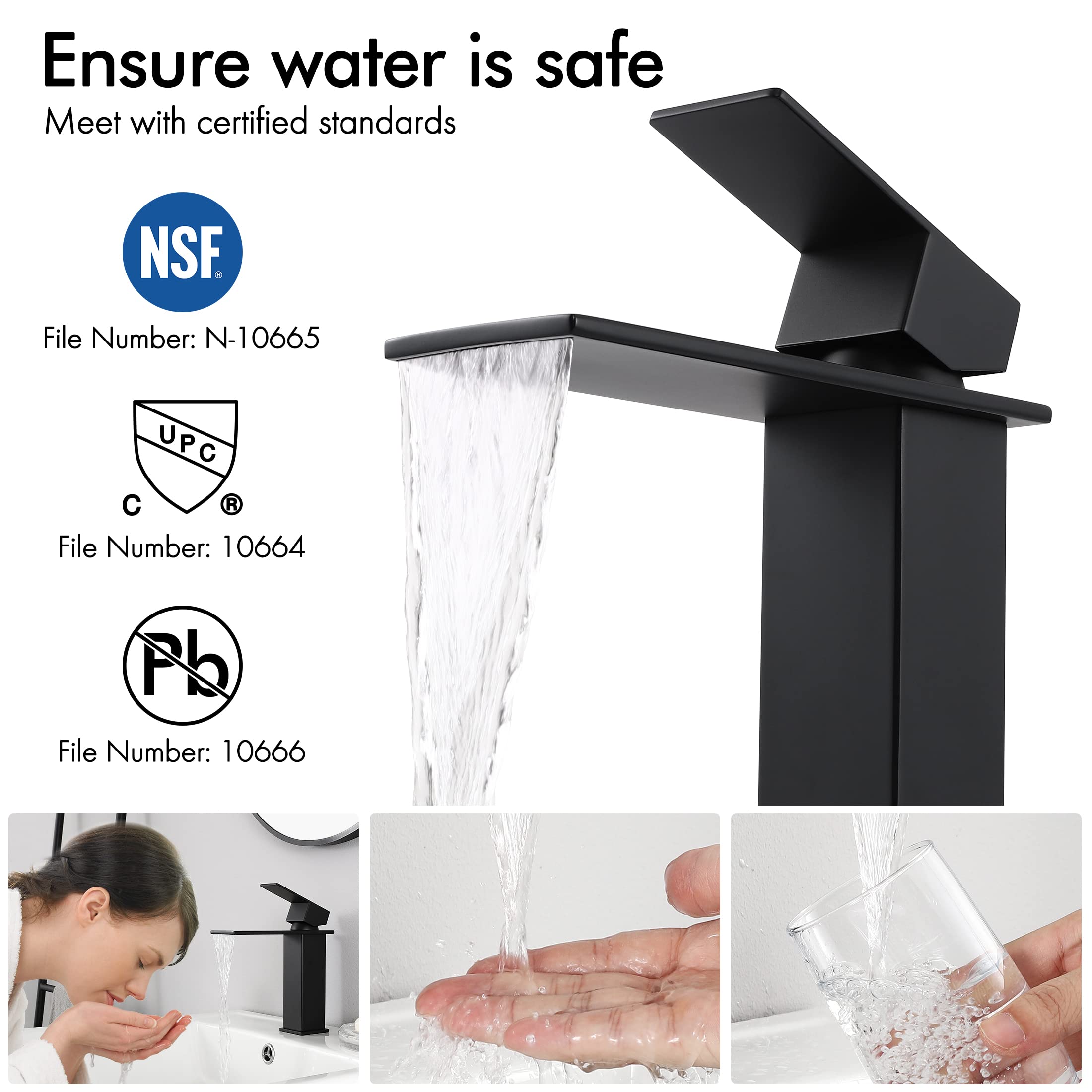 KES Single Hole Black Bathroom Sink Faucet - Waterfall Spout with Supply Lines, SUS304 Stainless Steel (Model L3158ALF-BK) - Perfect for Modern Bathroom Vanities and Powder Rooms