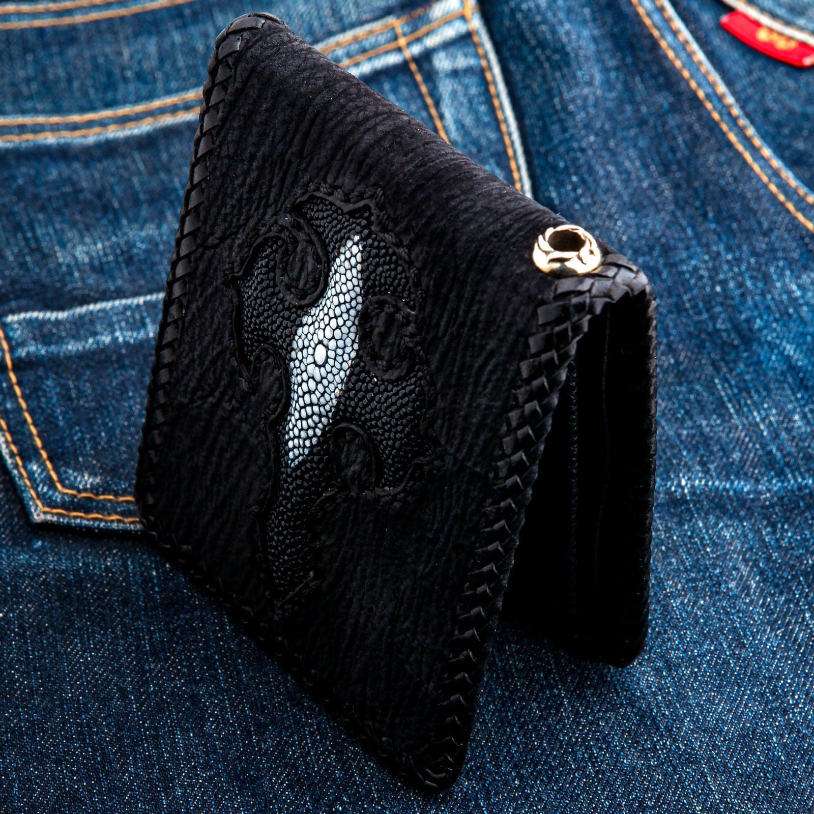 Genuine Black Stingray Leather Biker Wallet with Cross Inlay - Stylish & Durable Chain Wallet for Men, Perfect for Motorcycle Riders & Everyday Use