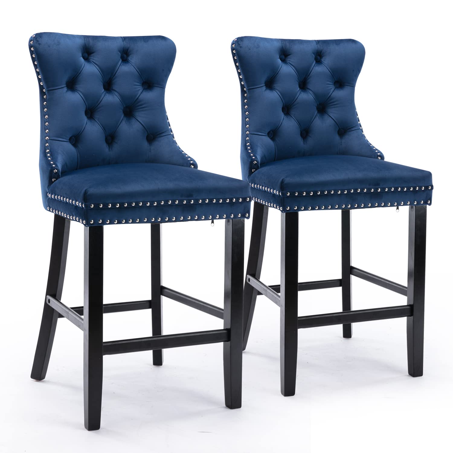 SoarFlash Modern Velvet Upholstered Bar Stools Set of 2 - Wood Legs, Button Tufted, Chrome Nailhead Trim, Armless Counter Height Stools for Kitchen Island, Breakfast Bar & Home Decor (Blue)