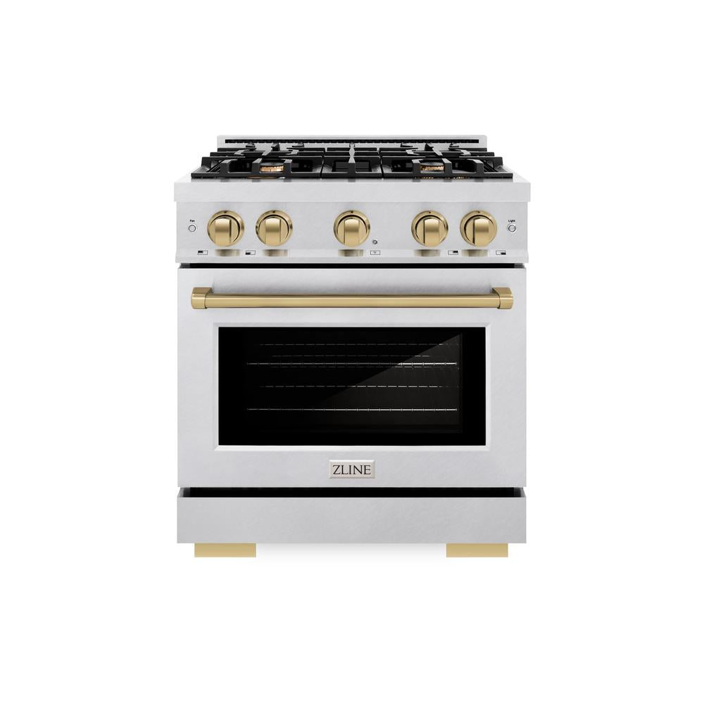 ZLINE Autograph Edition 30 Inch 4.2 Cu. Ft. Gas Range with 4 Burner Cooktop & Convection Oven - Satin Stainless Steel with Champagne Bronze Accents (HGRSZ 30 CB) | Professional Kitchen Appliance for Home Chefs & Cooking Enthusiasts