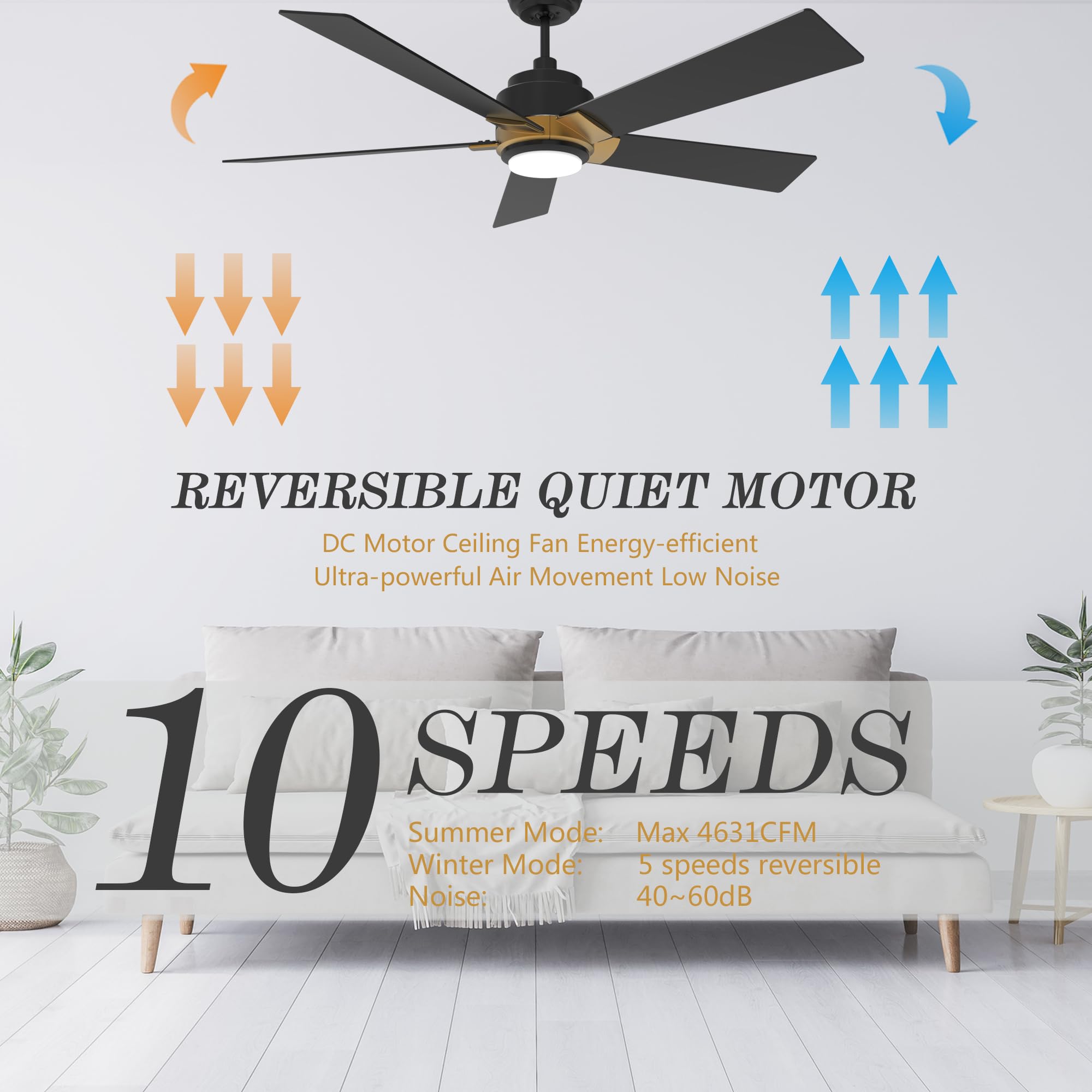 SMAAIR 52 Inch Smart Ceiling Fan with Lights - Low Profile, Dimmable LED Light, 10-Speed Reversible DC Motor, APP/Alexa/Google Assistant/Siri Voice Control (Black/Gold) - Perfect for Bedroom, Living Room and Office Spaces