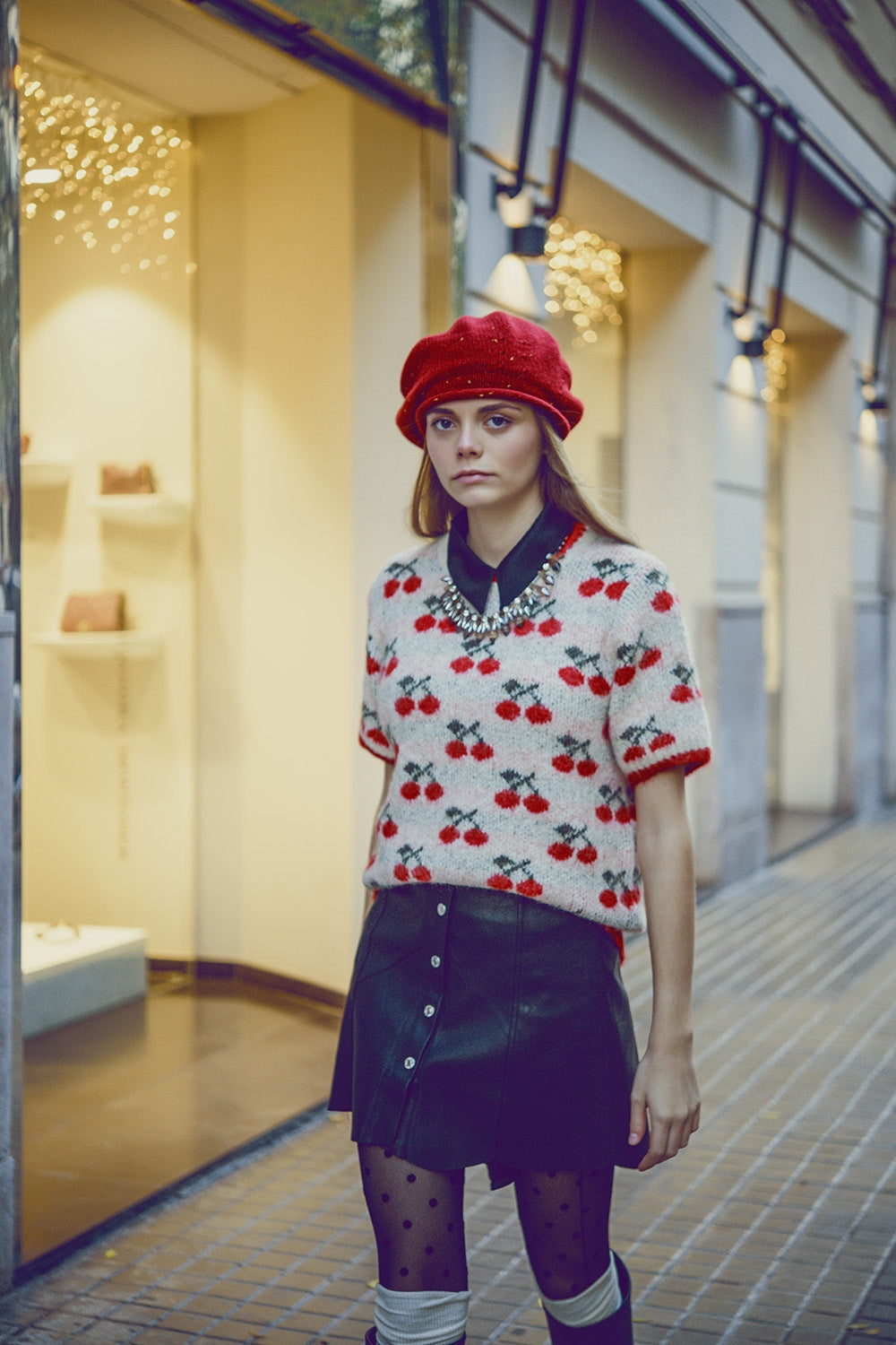 Women's Short Sleeve Pullover Sweater in Ecru with Cherry Print - Casual Spring Outfit & Cozy Fall Layering