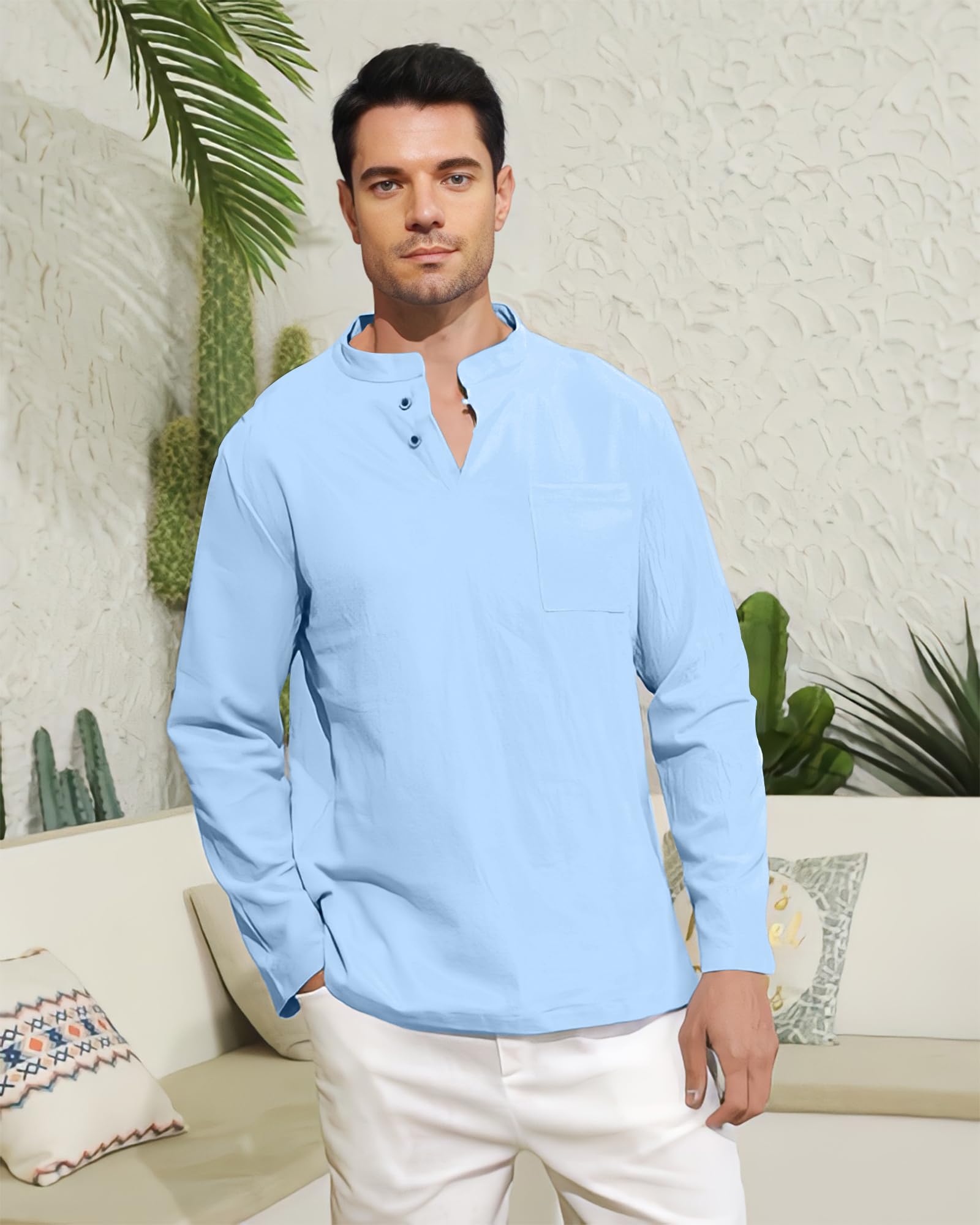 NANAMEEI Men's Cotton Linen Henley Shirt - Casual Summer Style for Outdoors