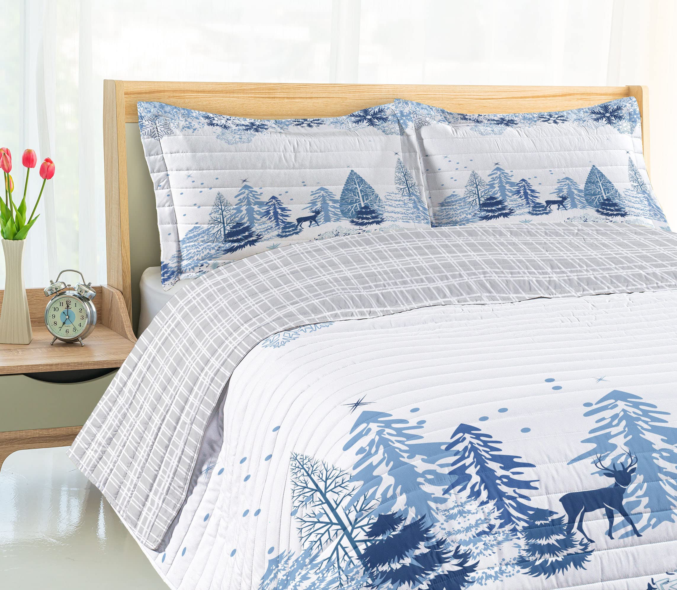 Ambesonne Winter Reversible King Size Bedspread Set - Blue White Microfiber Comforter with Deer, Snowy Trees & Christmas Pine Design | Includes Pillow Shams | Perfect for Holiday Decor & Cozy Winter Bedroom