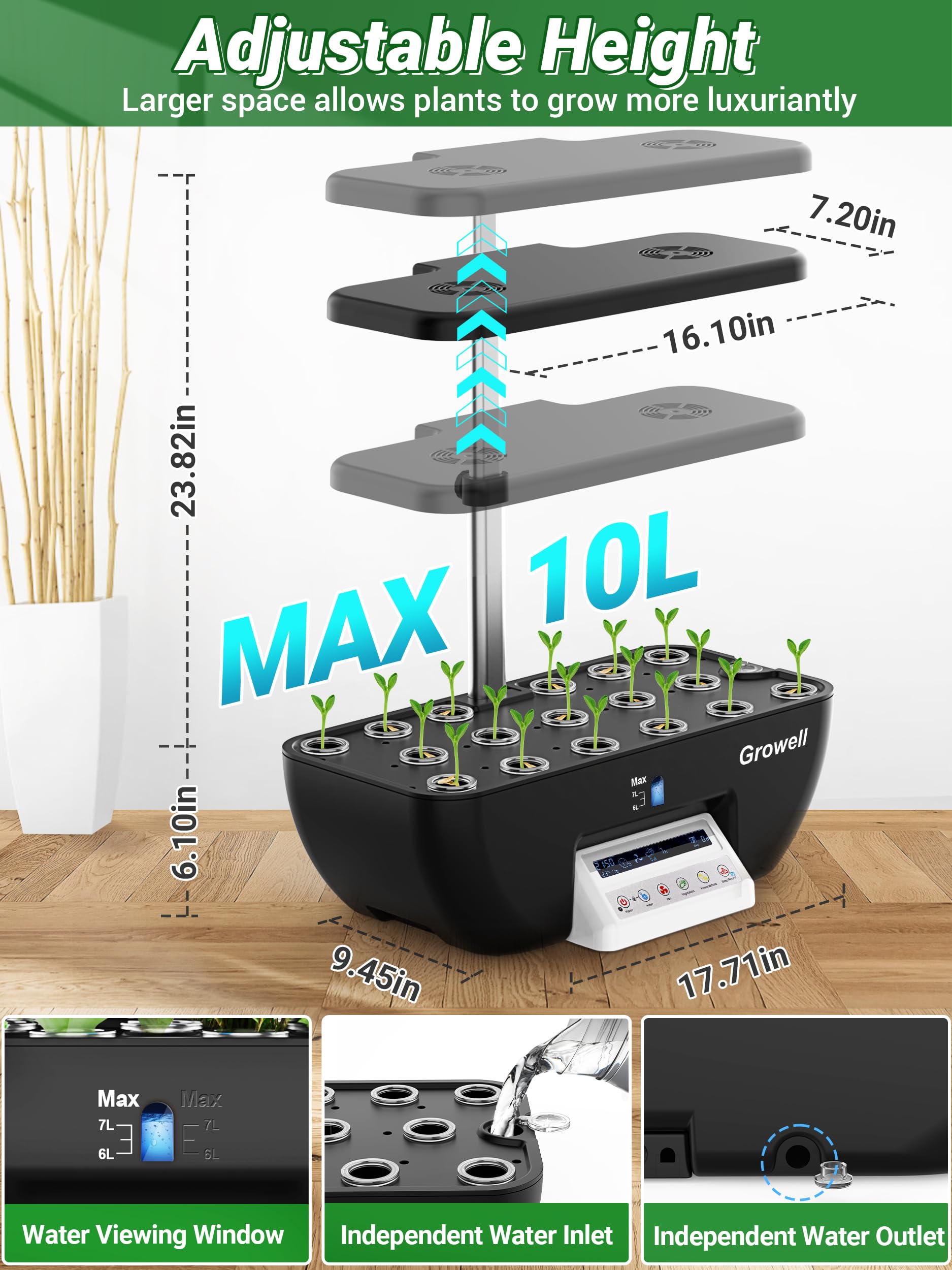 Hydroponics Growing System Kit - 17 Pods Indoor Herb Garden with 102 LED 28W Full-Spectrum Grow Lights, 2 Fans & Auto Timer | 10L Water Tank, Adjustable Height (Black/White) for Fresh Basil, Mint, Lettuce & Home Gardening