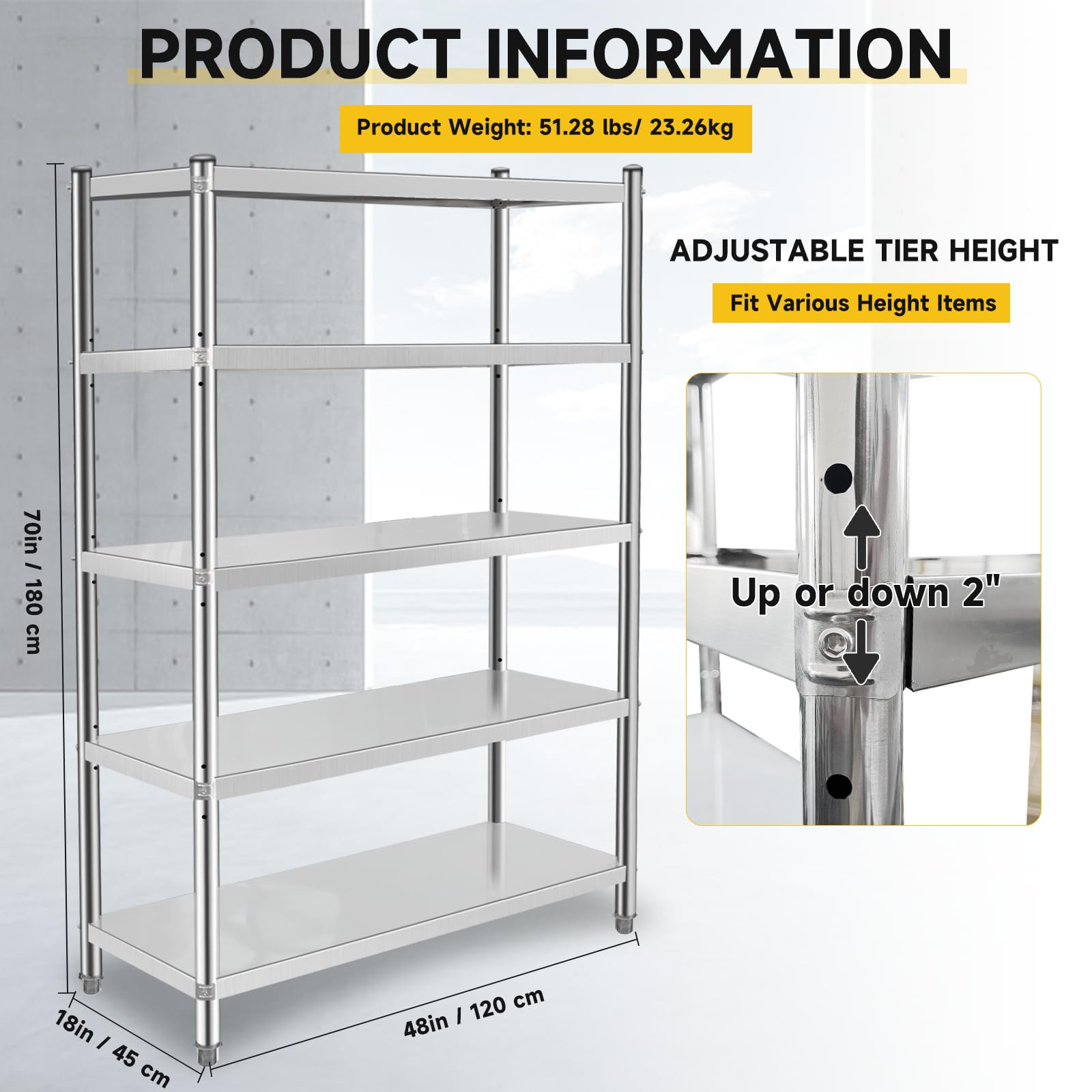 5-Tier Stainless Steel Shelving Unit 48x18x70 Inch - Adjustable Storage Rack for Kitchen Pantry, Office Organization, Garage & Warehouse Storage - Heavy Duty Metal Shelves for Home & Commercial Use