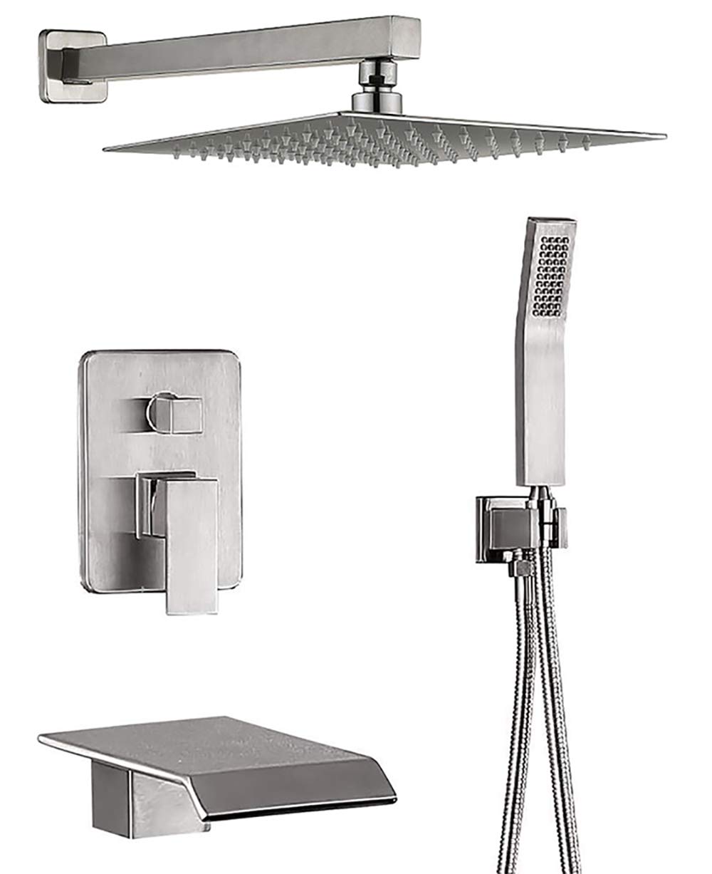 3-Function Brushed Nickel Shower System - Wall Mount Waterfall Tub Spout & 10 Inch Rain Shower Head - Durable Bathroom Faucet Set for Modern Homes | Perfect for Spa-Like Showers and Relaxing Baths