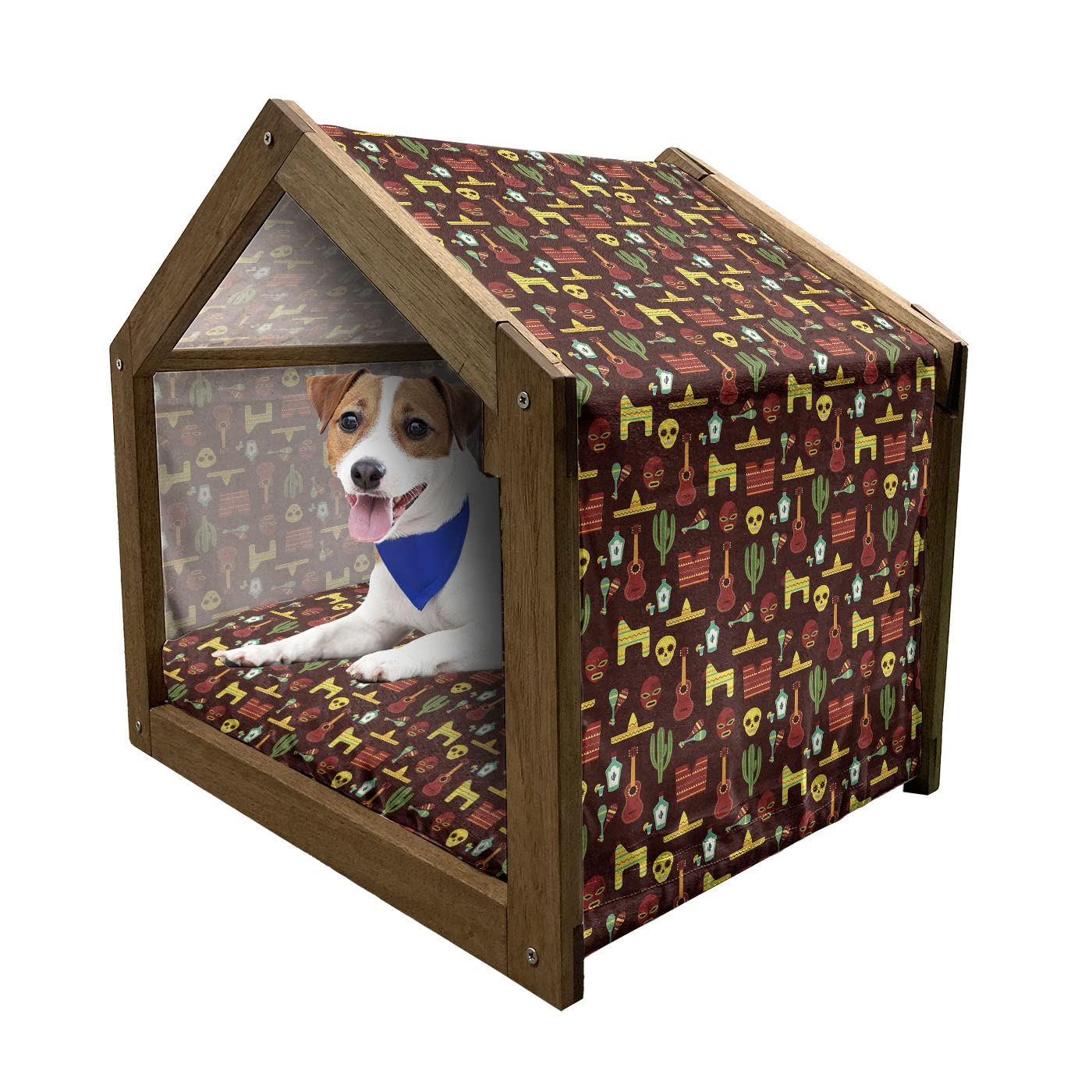 Ambesonne Mexican Wooden Pet House - Traditional Cultural Design with Music, Tequila & Saguaro Patterns | Indoor & Outdoor Portable Dog Kennel with Pillow & Cover | Small Size, Multicolor | Perfect for Home, Patio, Travel & Camping with Your Pet