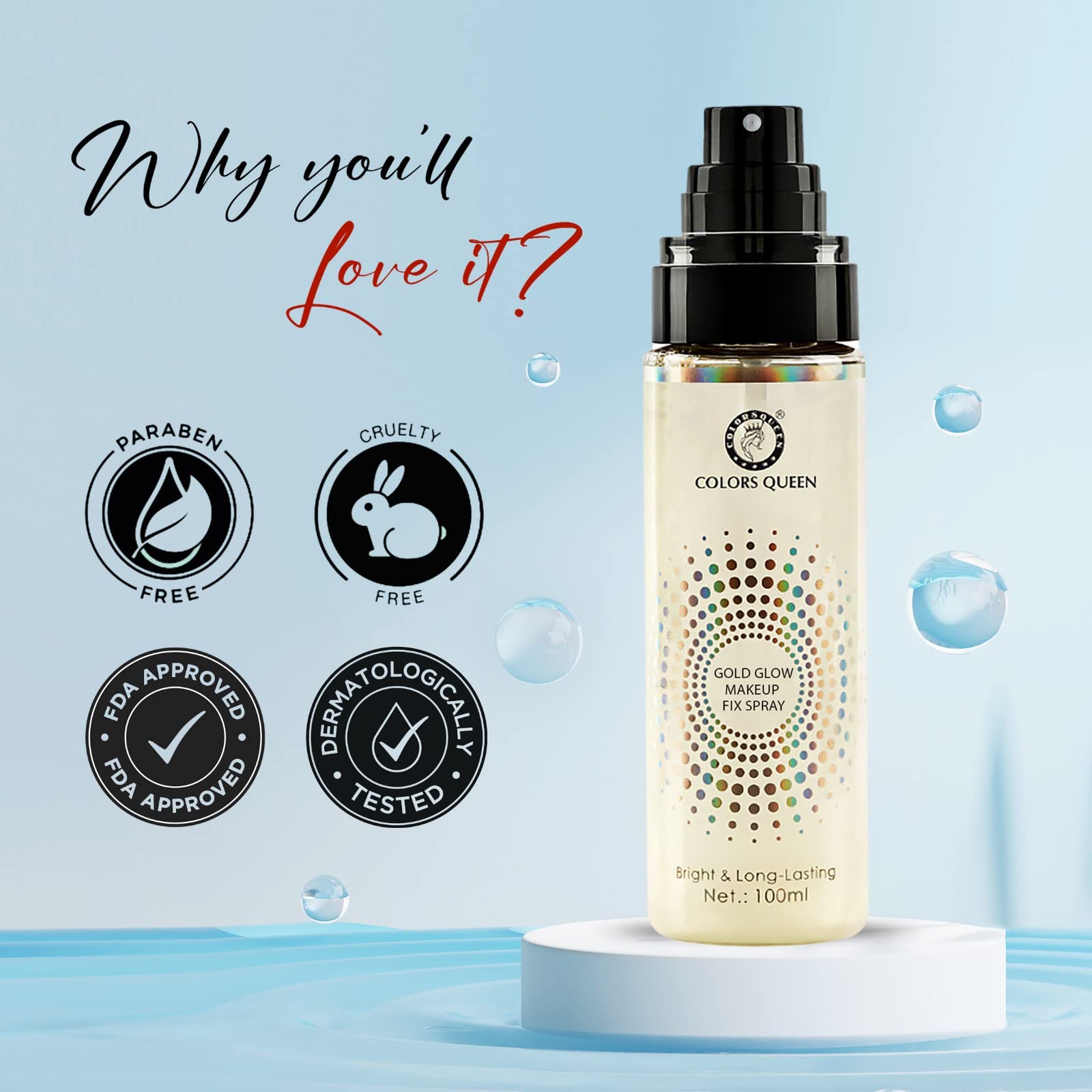 Colors Queen Gold Glow Makeup Setting Spray – 100ml | Long Lasting Face Makeup Fixer | Lightweight, Non-Greasy Formula with Aloe Vera Extract | Perfect for Bridal, Party & Everyday Makeup Locking