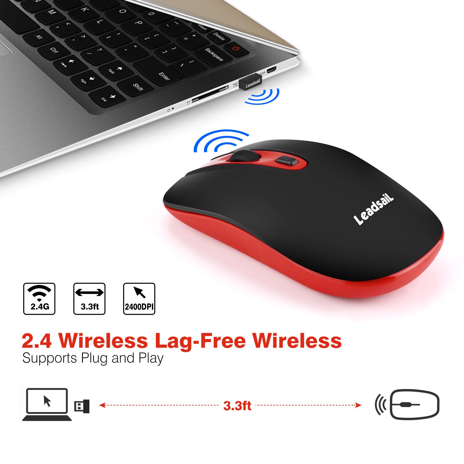 LeadsaiL Rechargeable Wireless Mouse - 2.4G Slim Silent Optical Mouse with 5 Adjustable DPI Levels, USB Cordless Mouse for Laptop, Desktop, MacBook - Perfect for Office, Home, and Travel Use