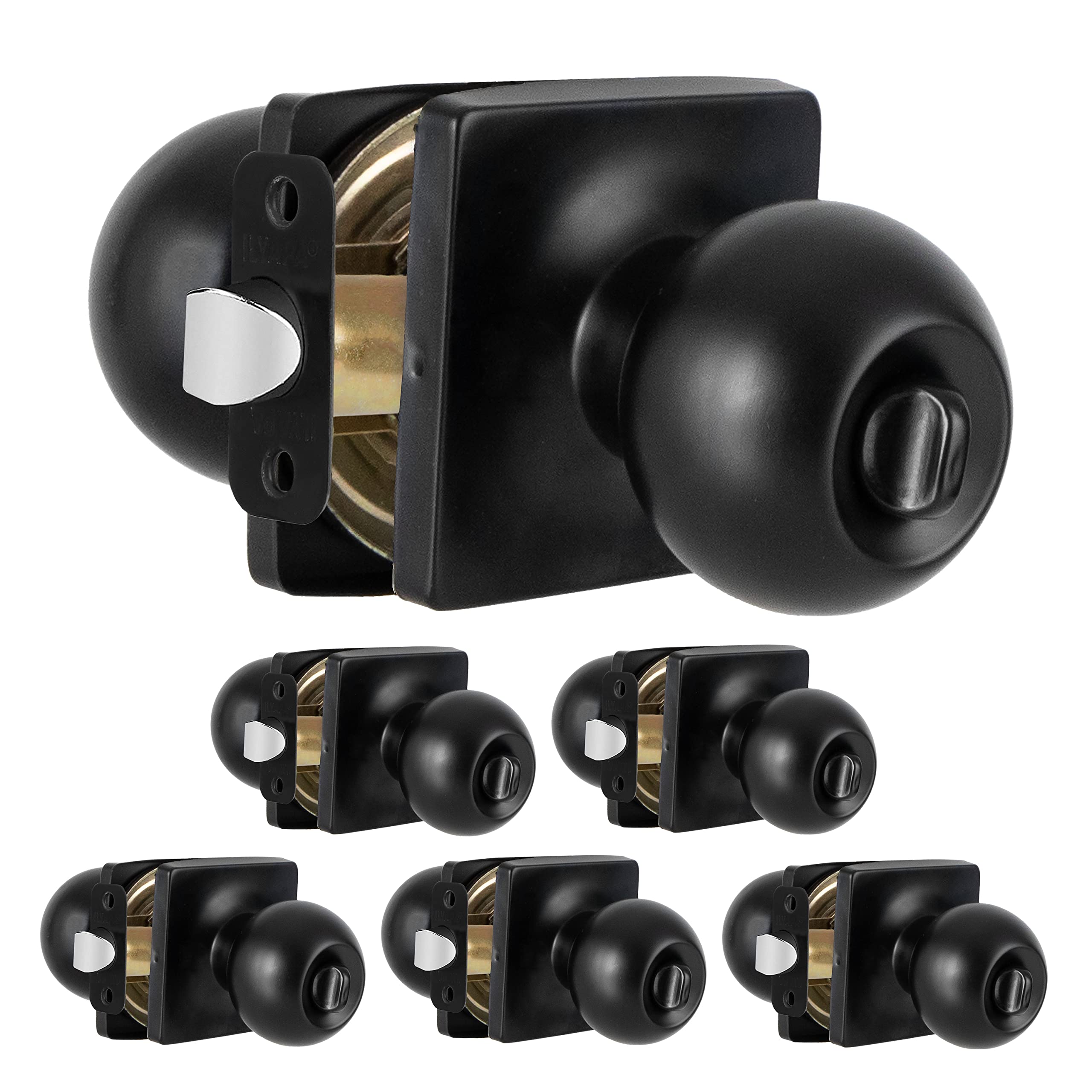 Modern Black Door Knob with Keyless Lock - 6 Pack for Bedroom & Bathroom Privacy