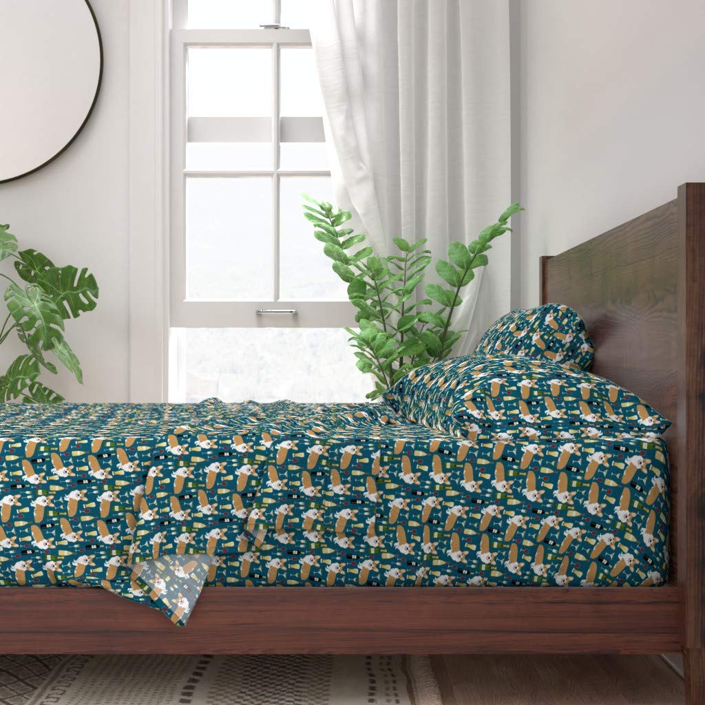 Corgi Dog Print 100% Cotton Twin Sheet Set (3-Piece) - Wine, Champagne & Beer Martini Pattern Custom Bedding for Pet Lovers | Perfect for Guest Rooms, Dorm Decor & Dog Themed Bedrooms